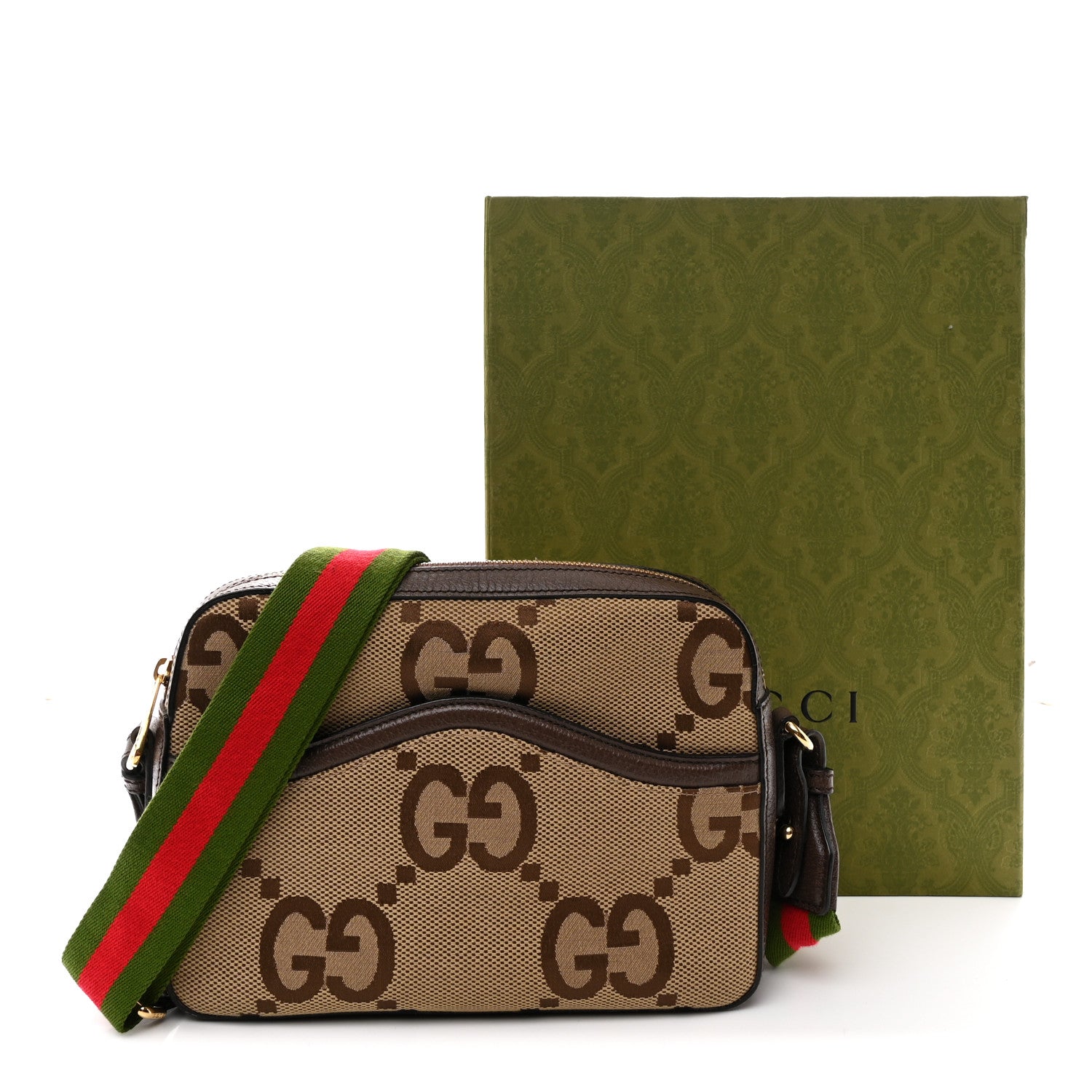 Monogram Jumbo GG Textured Dollar Calfskin Web Messenger Shoulder Bag Camel Ebony New Acero