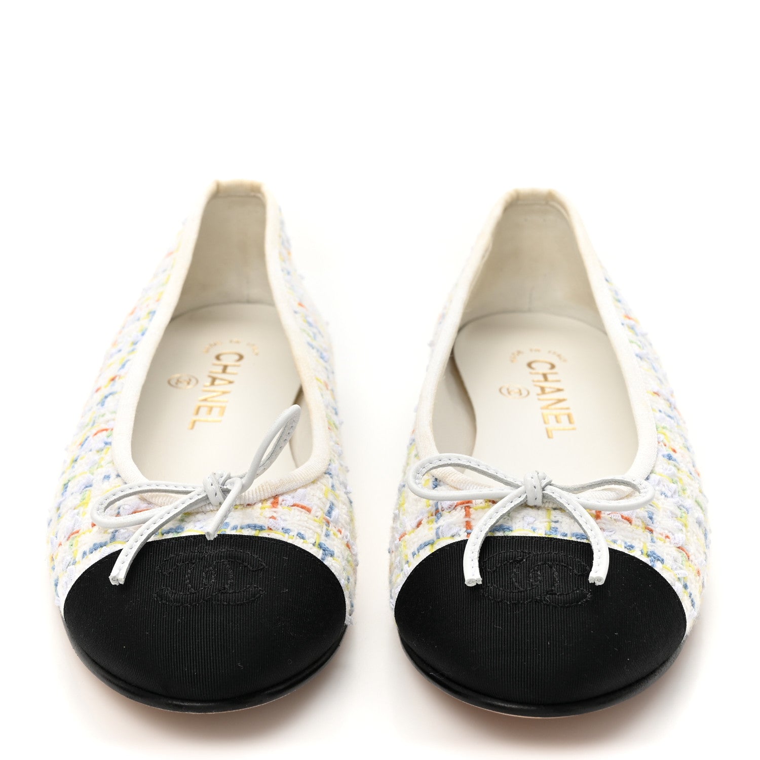 Tweed Grosgrain Cap Toe Ballerina Flats 37.5 White Multicolor