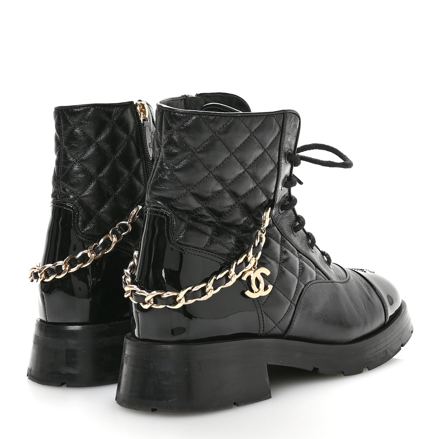 Shiny Calfskin Patent Quilted Chain Lace Up Combat Boots 40 Black