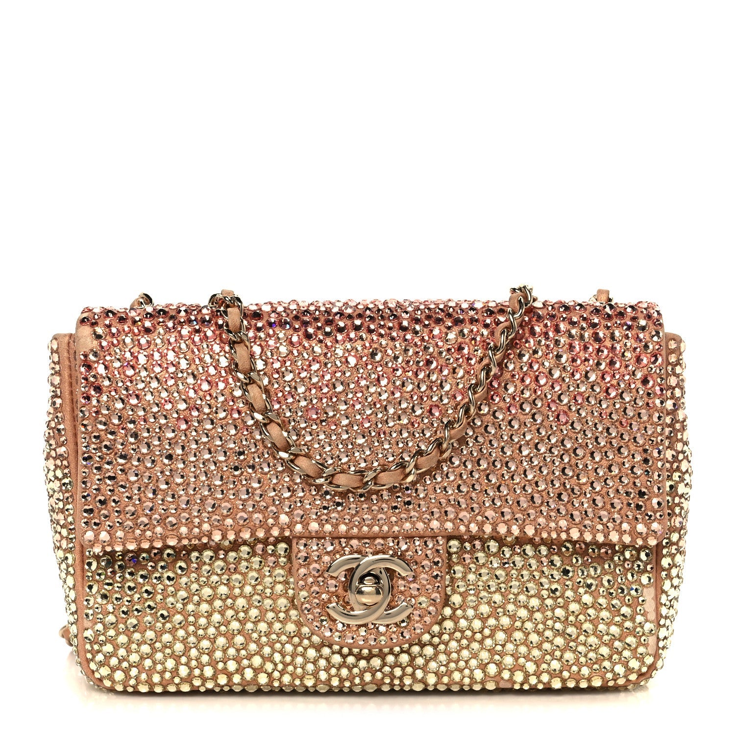 Suede Calfskin Crystal Mini Flap Pink Golden