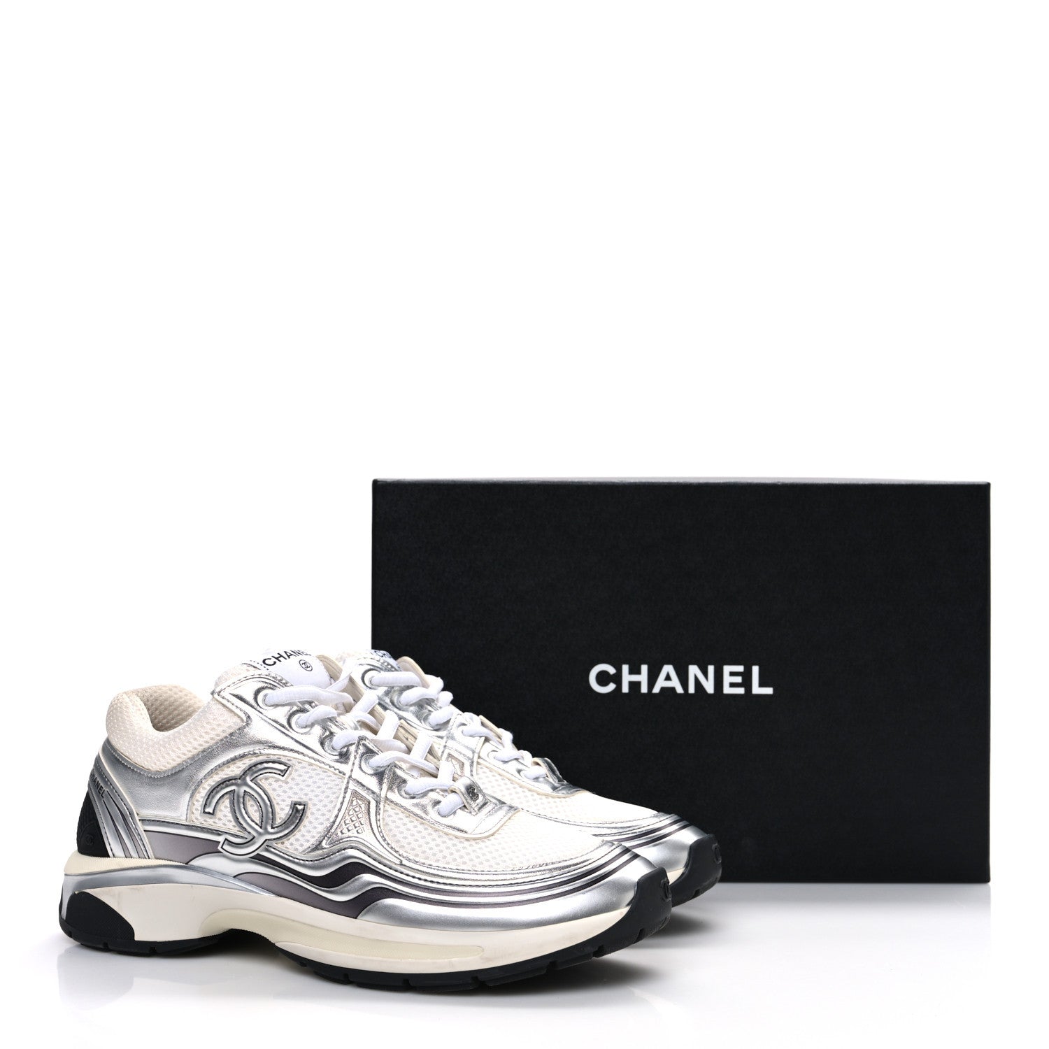 Fabric Laminated Calfskin Stretch CC Womens Sneakers 40 White Silver