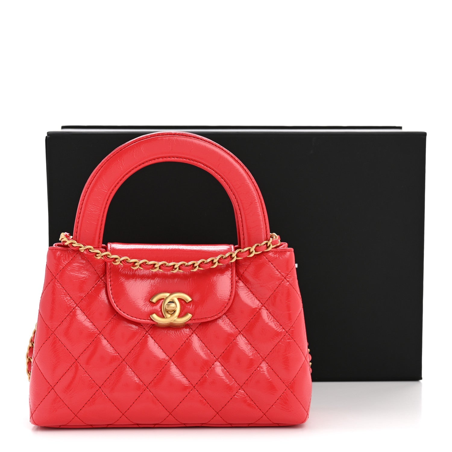 Shiny Aged Calfskin Quilted Nano Kelly Shopper Red