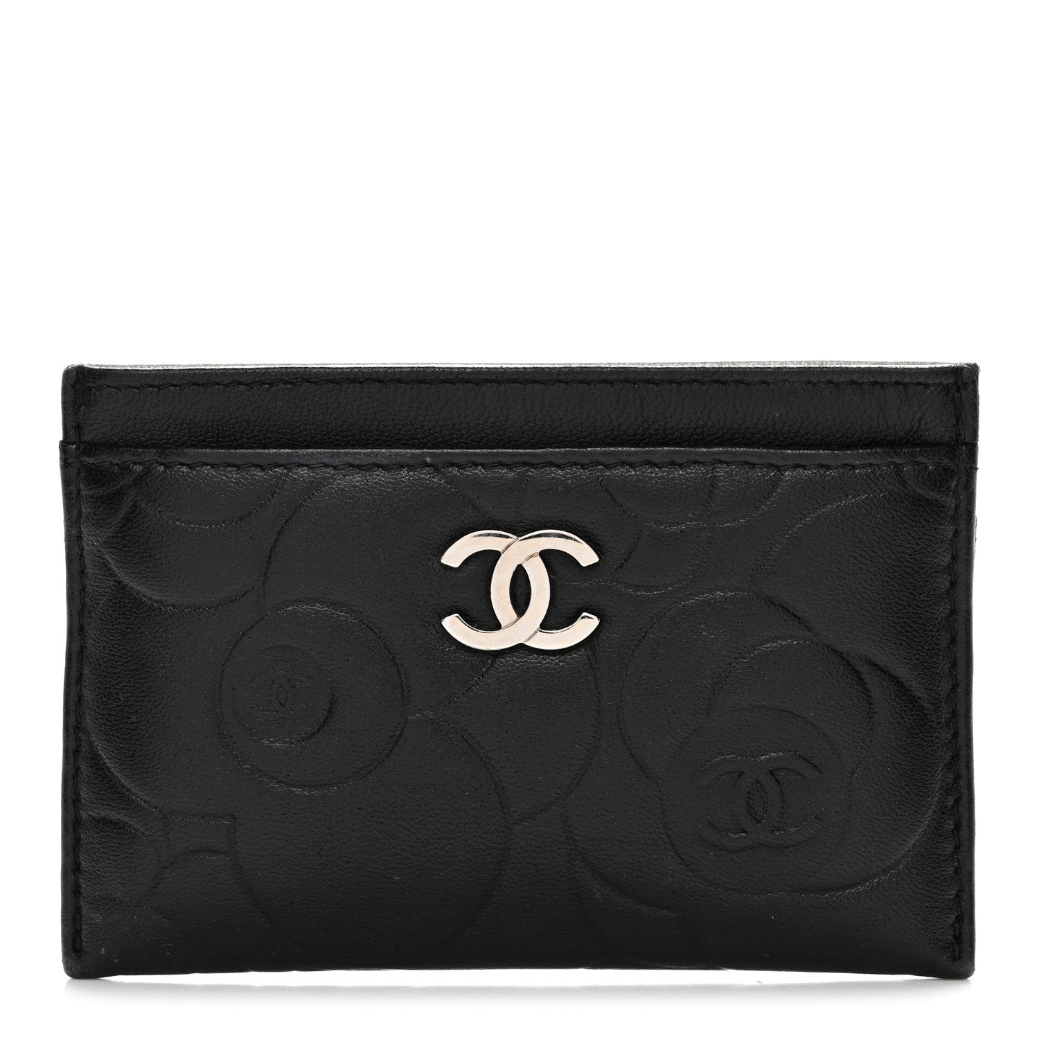 Lambskin Camellia Embossed Card Holder Black