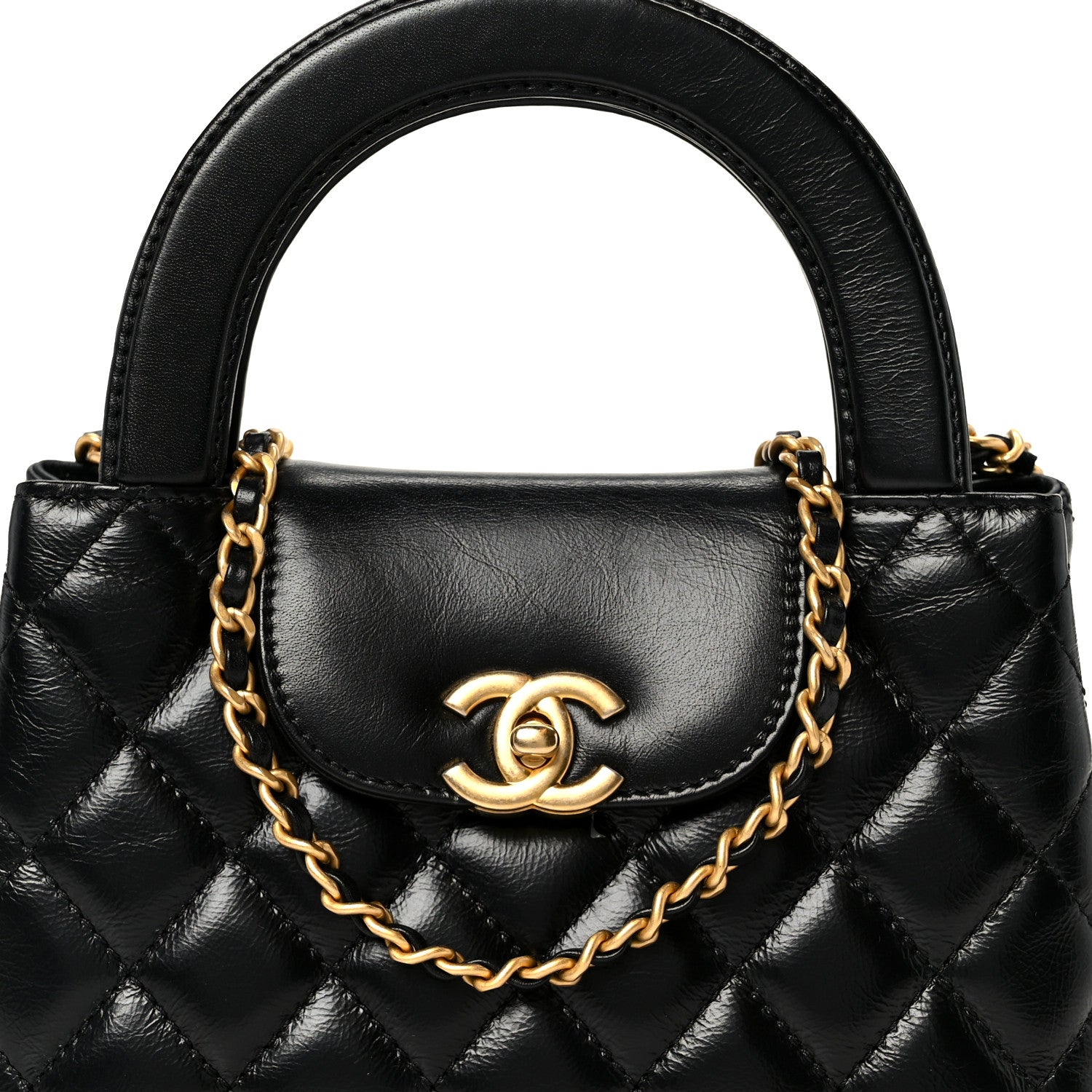 Shiny Aged Calfskin Quilted Nano Kelly Shopper Black