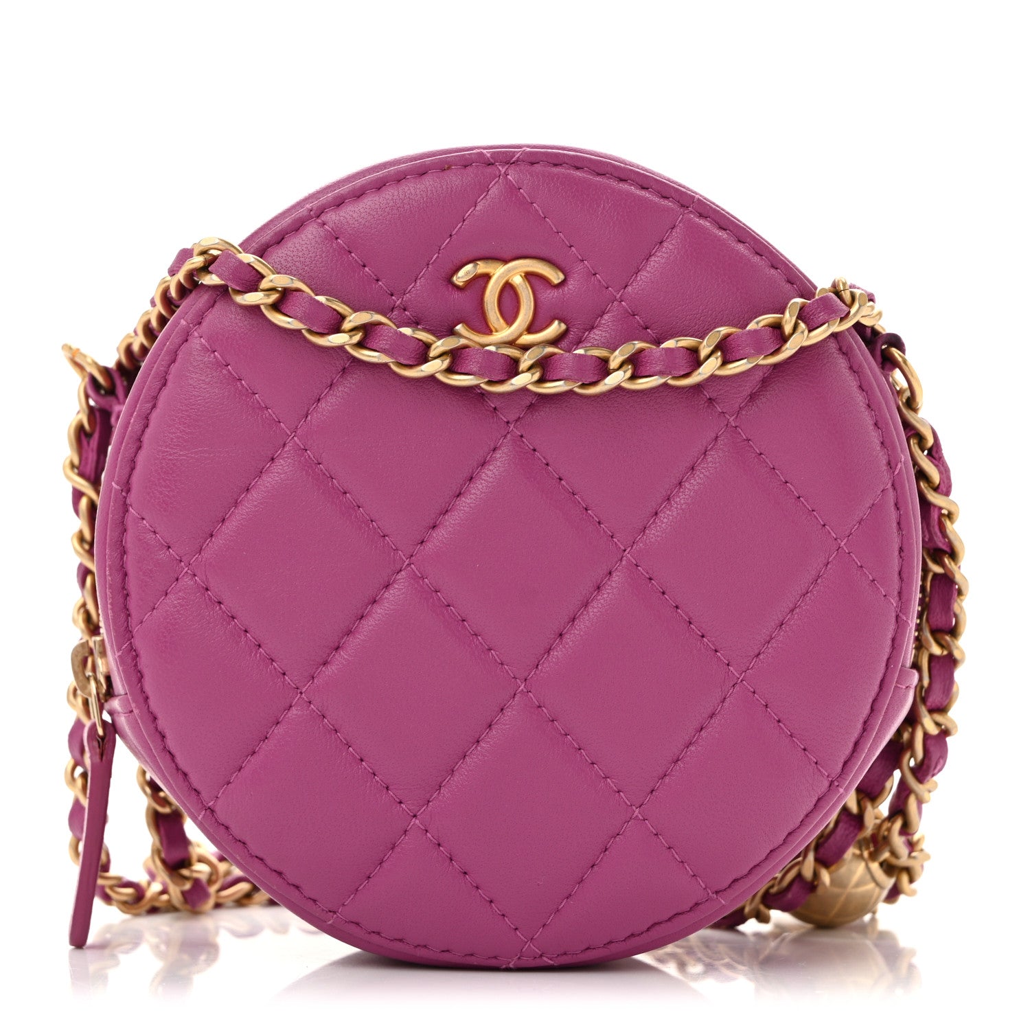 Lambskin Quilted Round Pearl Crush Clutch With Chain Purple