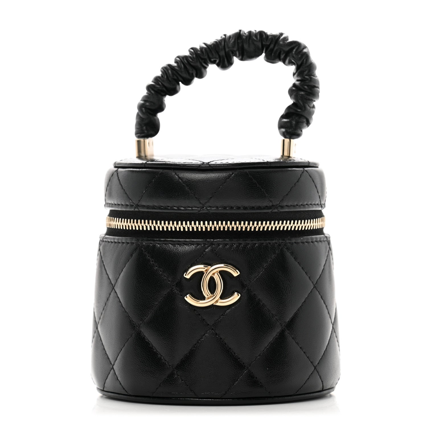 Lambskin Quilted Ruched Handle Vanity Case Black