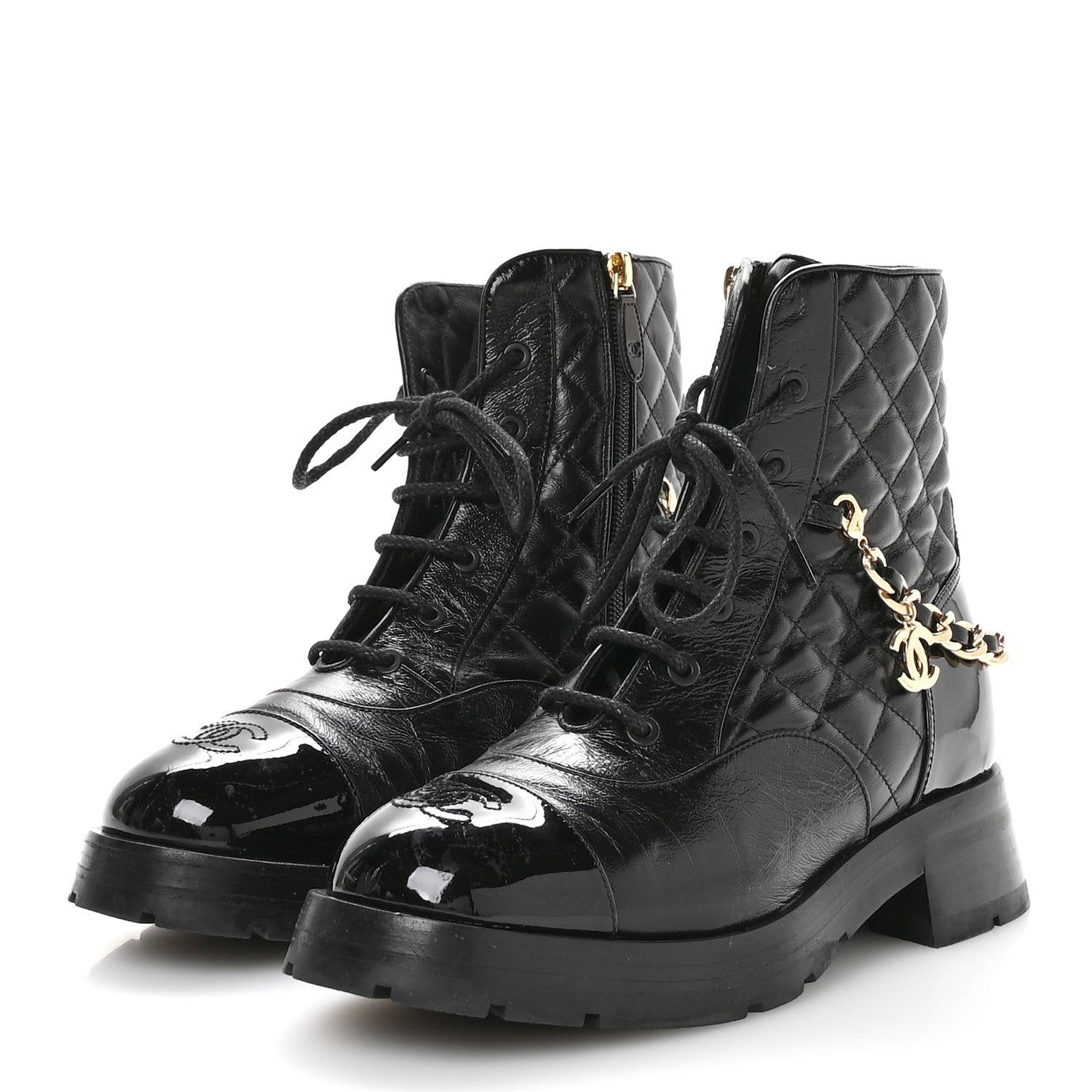 Shiny Calfskin Patent Quilted Chain Lace Up Combat Boots 40 Black