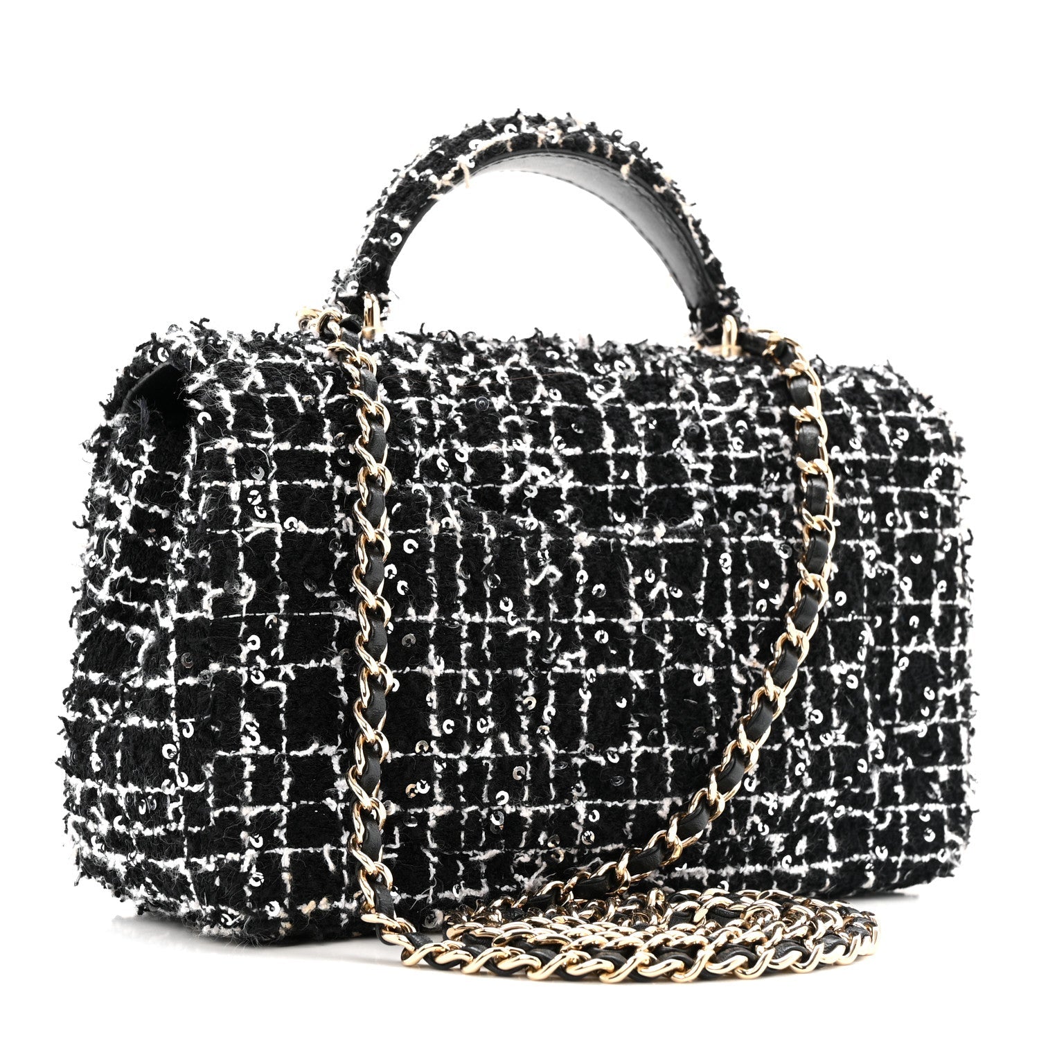 Tweed Quilted Mini Top Handle Rectangular Flap Black White
