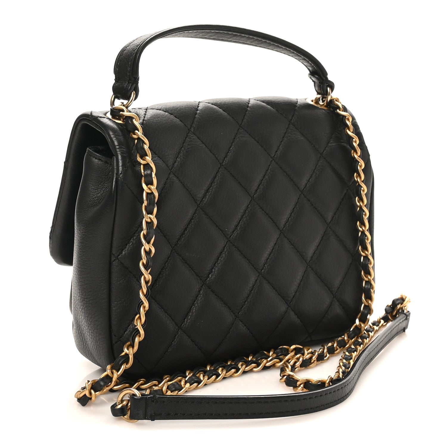 Calfskin Quilted Top Handle Flap Black