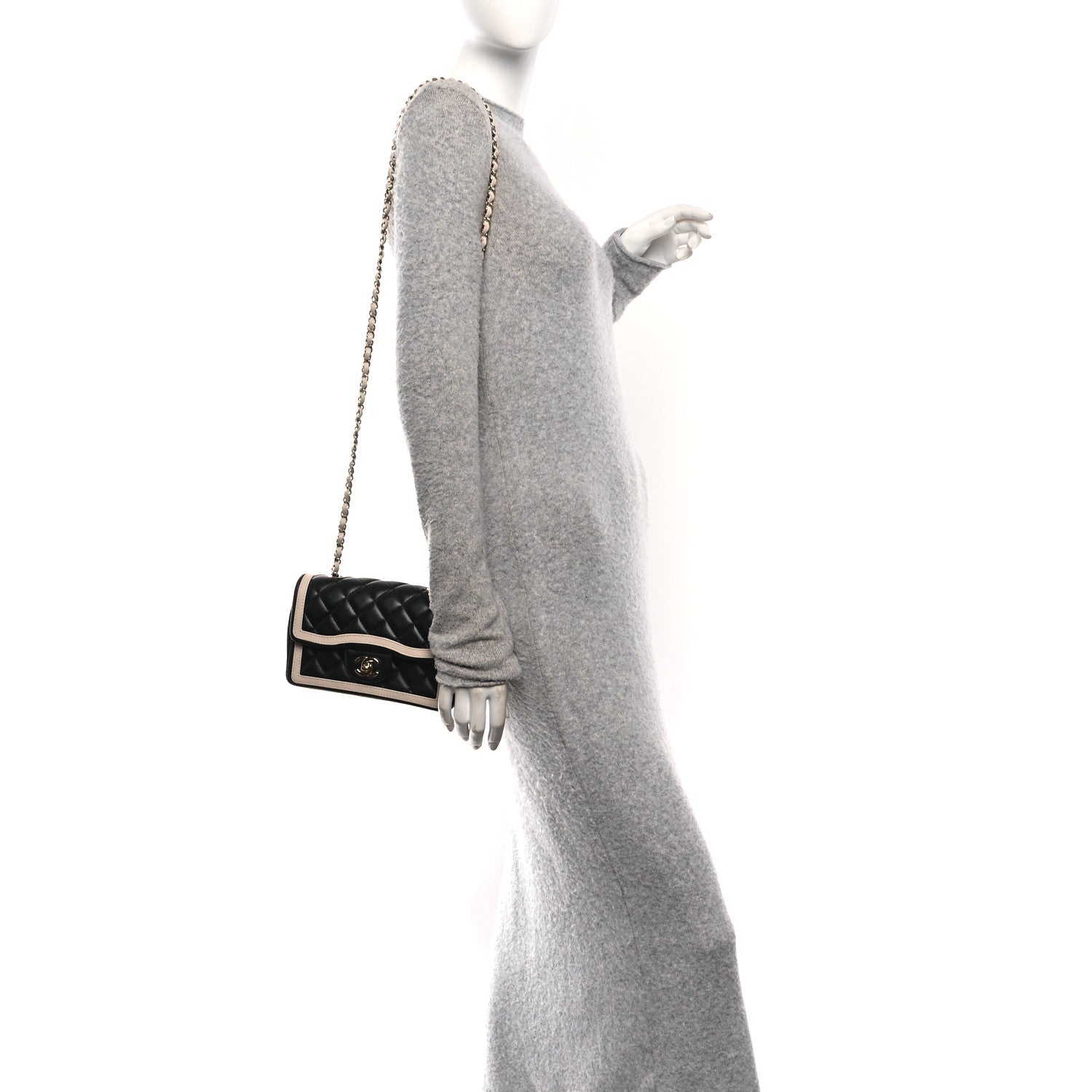Shiny Lambskin Quilted Half Mini Flap Black Beige