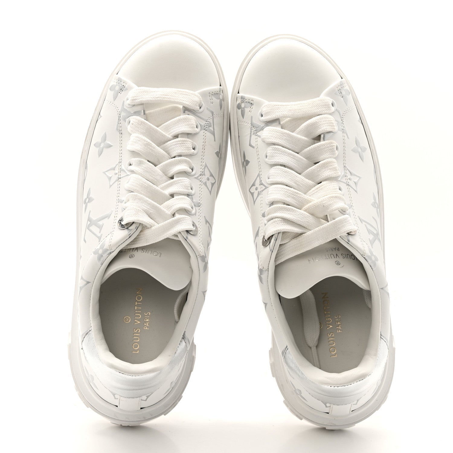 Calfskin Monogram Debossed Time Out Sneakers 38 White Silver
