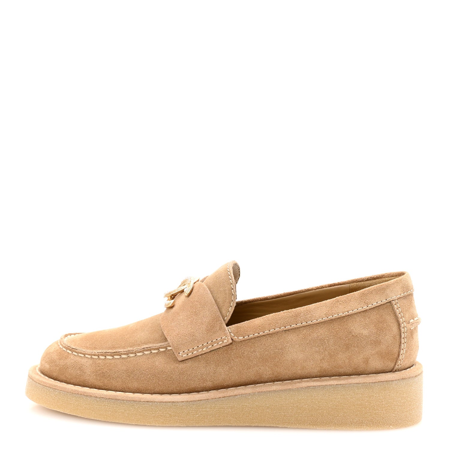 Suede Calfskin Pearl CC Moccasin Loafers 36.5 Dark Beige
