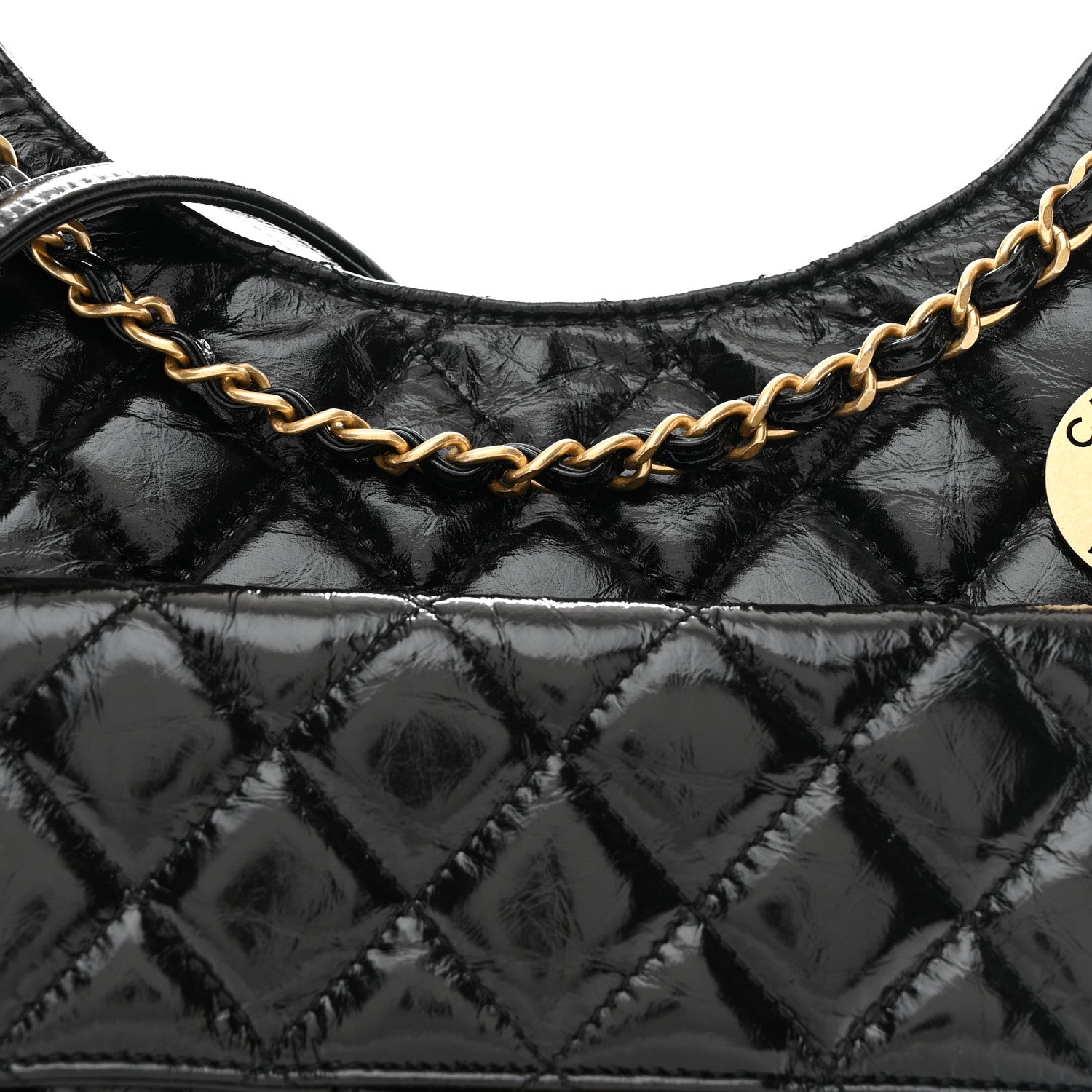 Shiny Crumpled Calfskin Quilted Wavy CC Hobo Black