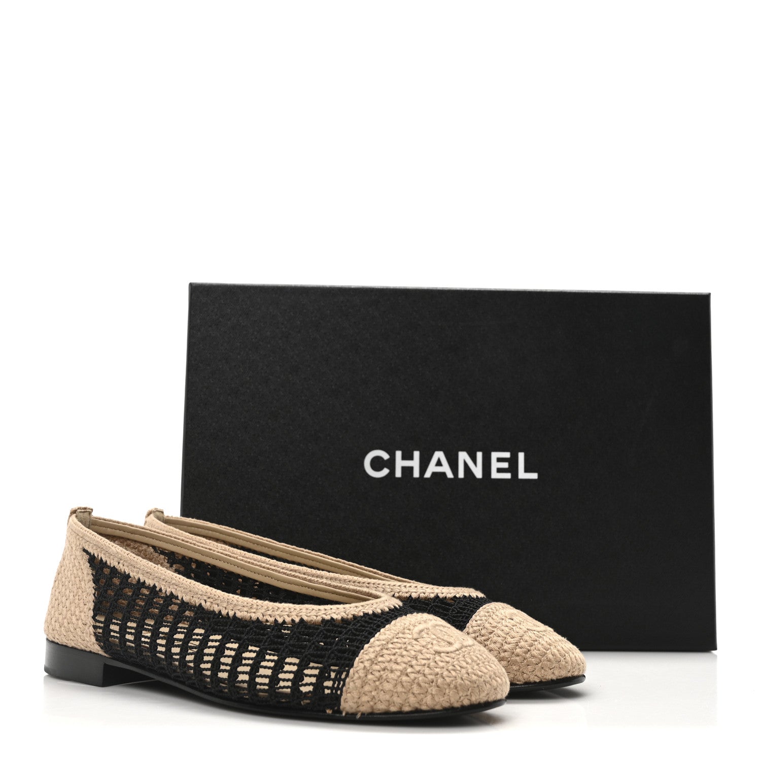 Raffia Cap Toe Ballerina Flats 37 Black Beige