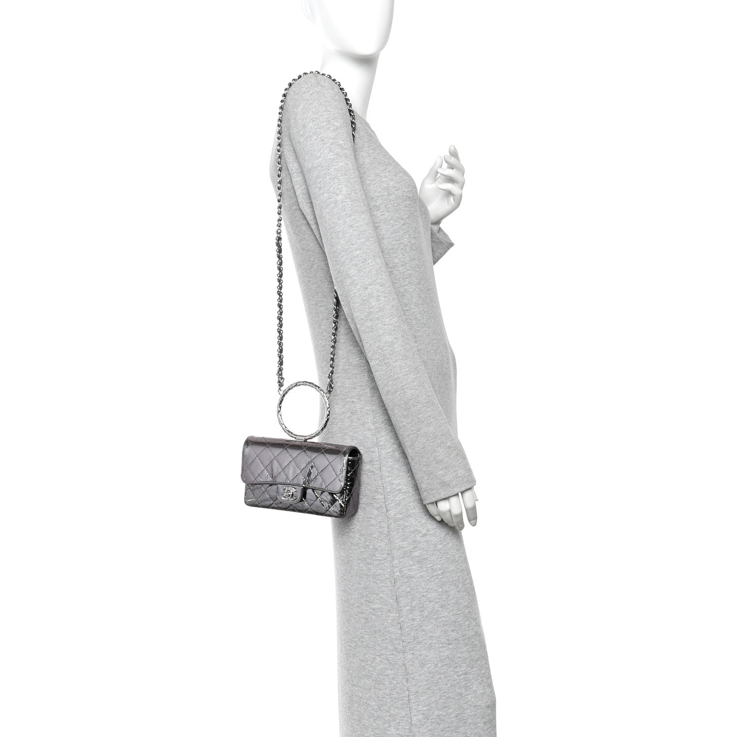 Crumpled Metallic Calfskin Quilted Ring Handle Mini Flap Silver