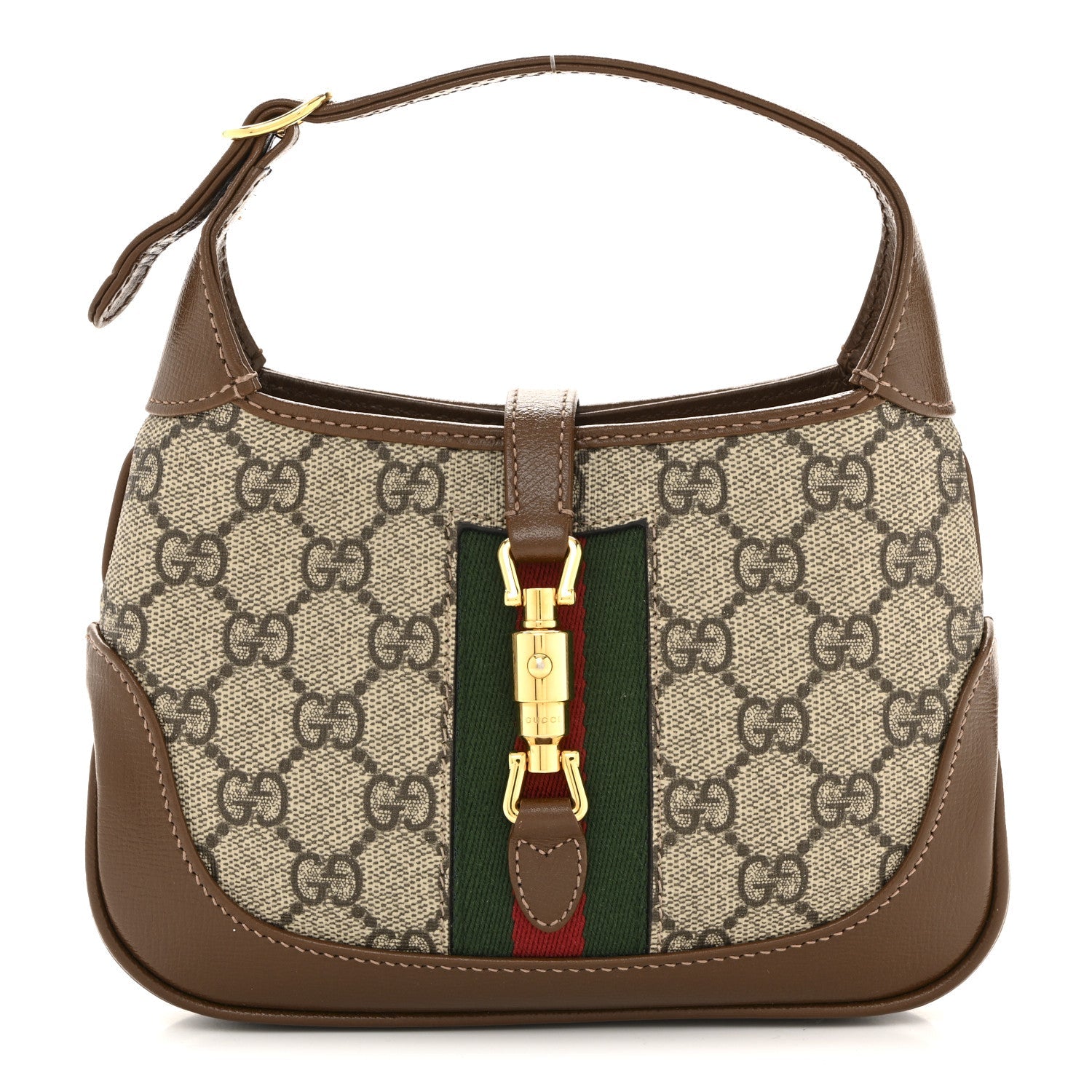 GG Supreme Monogram Azalea Calfskin Web Mini Jackie 1961 Hobo Beige Ebony Brown Sugar