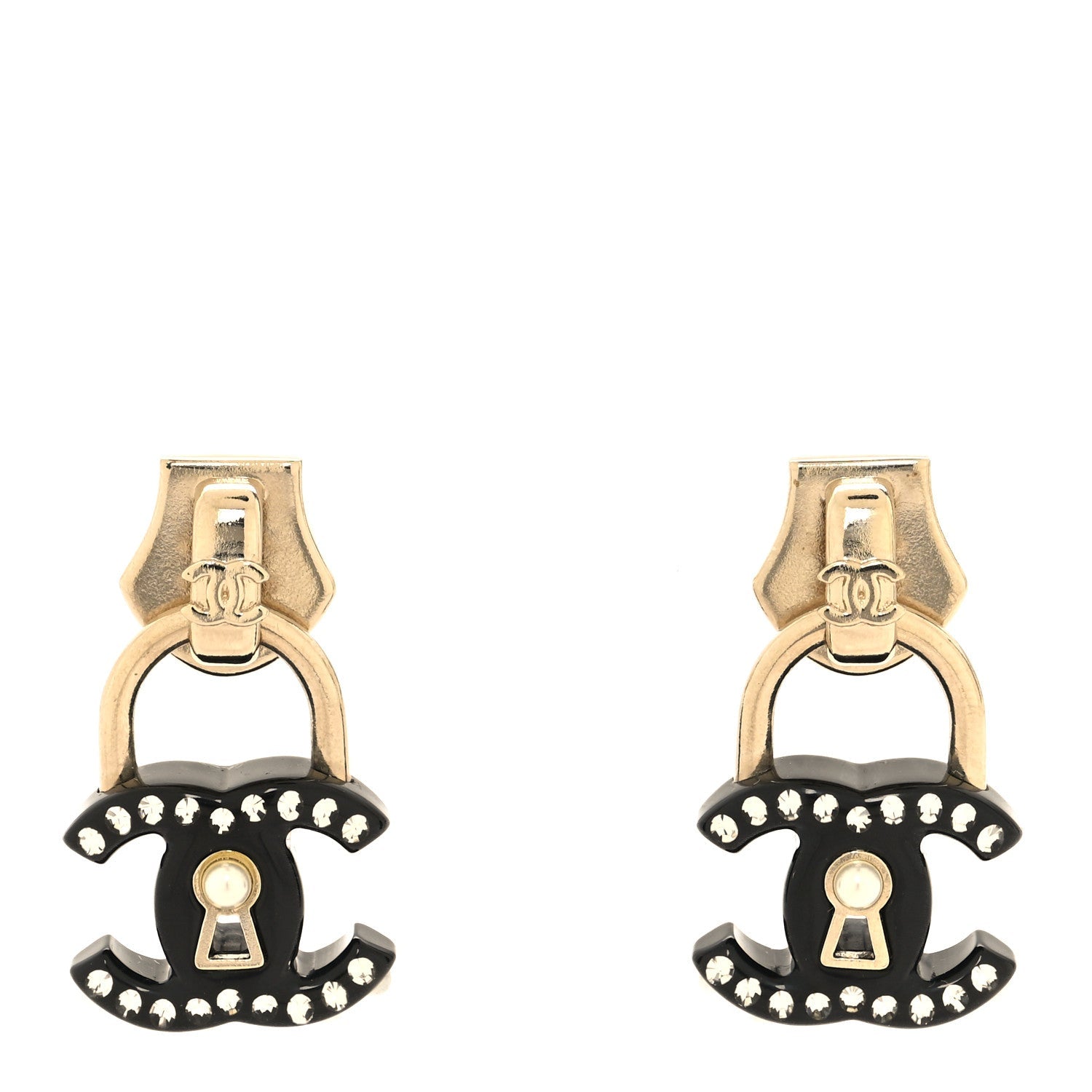 Metal Resin Crystal Pearl CC Lock Drop Earrings Gold Black