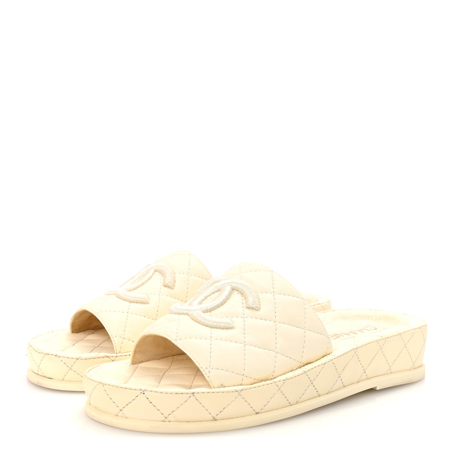 Lambskin Quilted CC Mules Sandals 38 Ivory