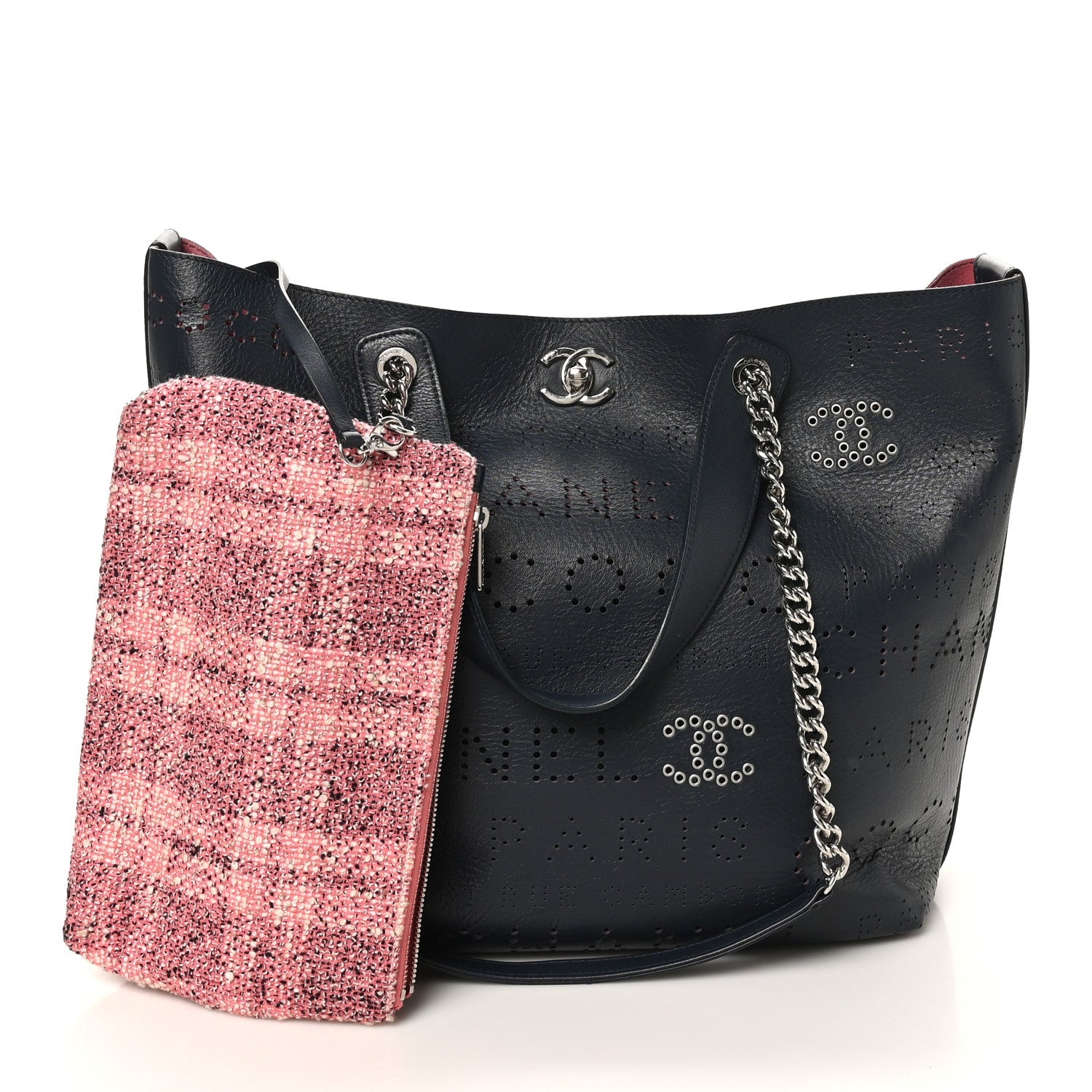 Calfskin Tweed Small Logo Eyelets Shopping Tote Navy Blue