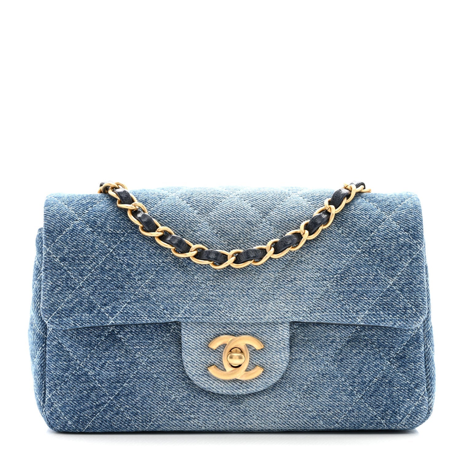 Washed Denim Quilted Mini Rectangular Flap Blue