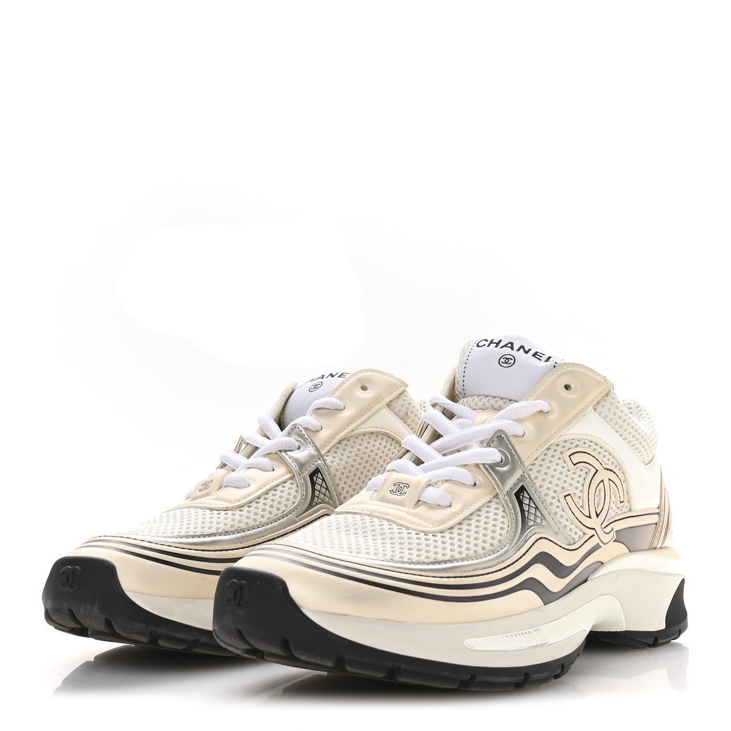 Fabric Laminated Calfskin Stretch CC Sneakers 37 Ivory White Silver