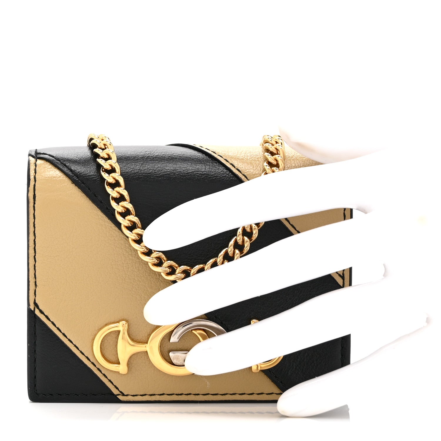 Calfskin Diagonal Striped Zumi Chain Card Case Wallet Black Beige