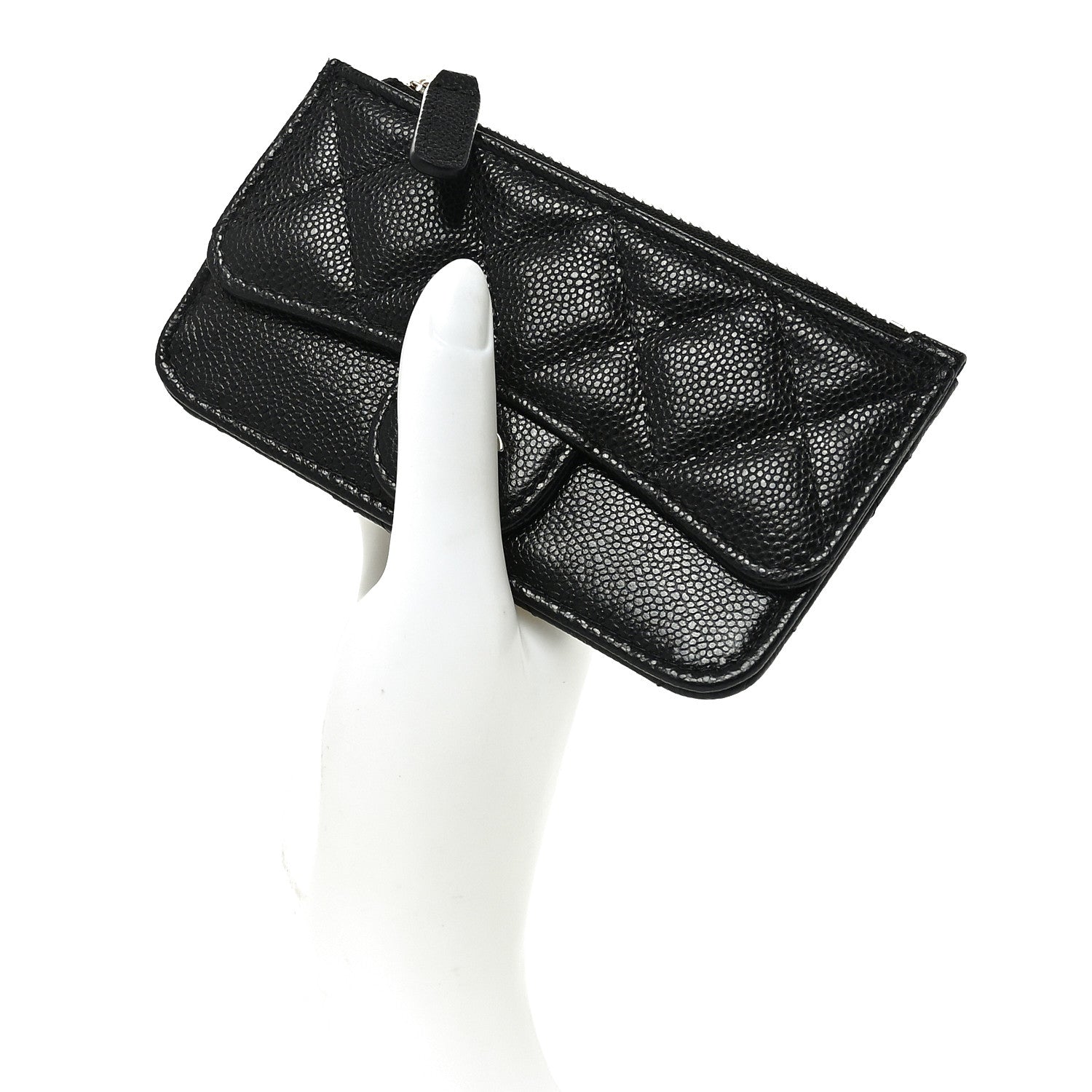 Caviar Quilted Flap Zip Card Holder Black