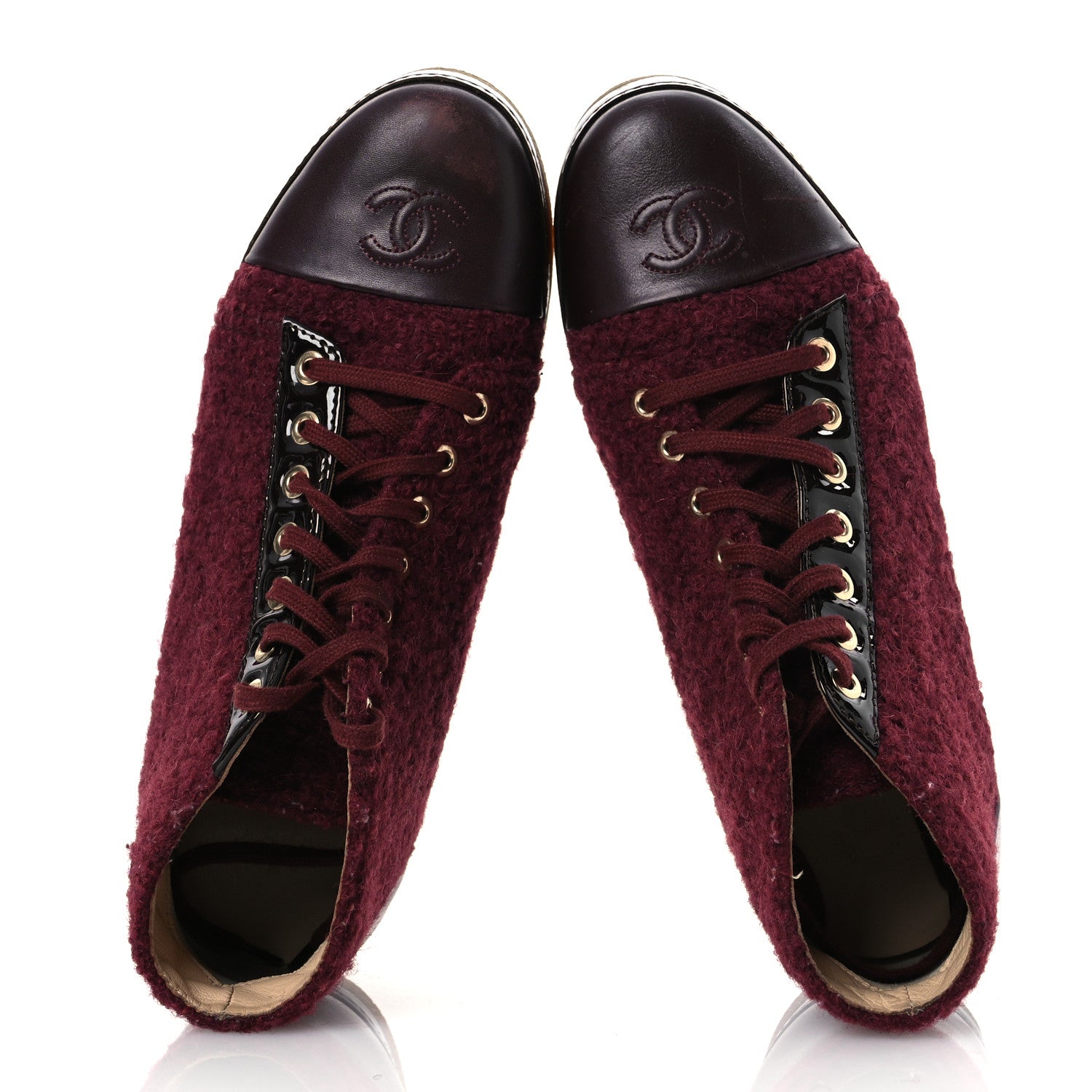 Tweed Calfskin Patent CC Lace Up Short Boots 39 Burgundy