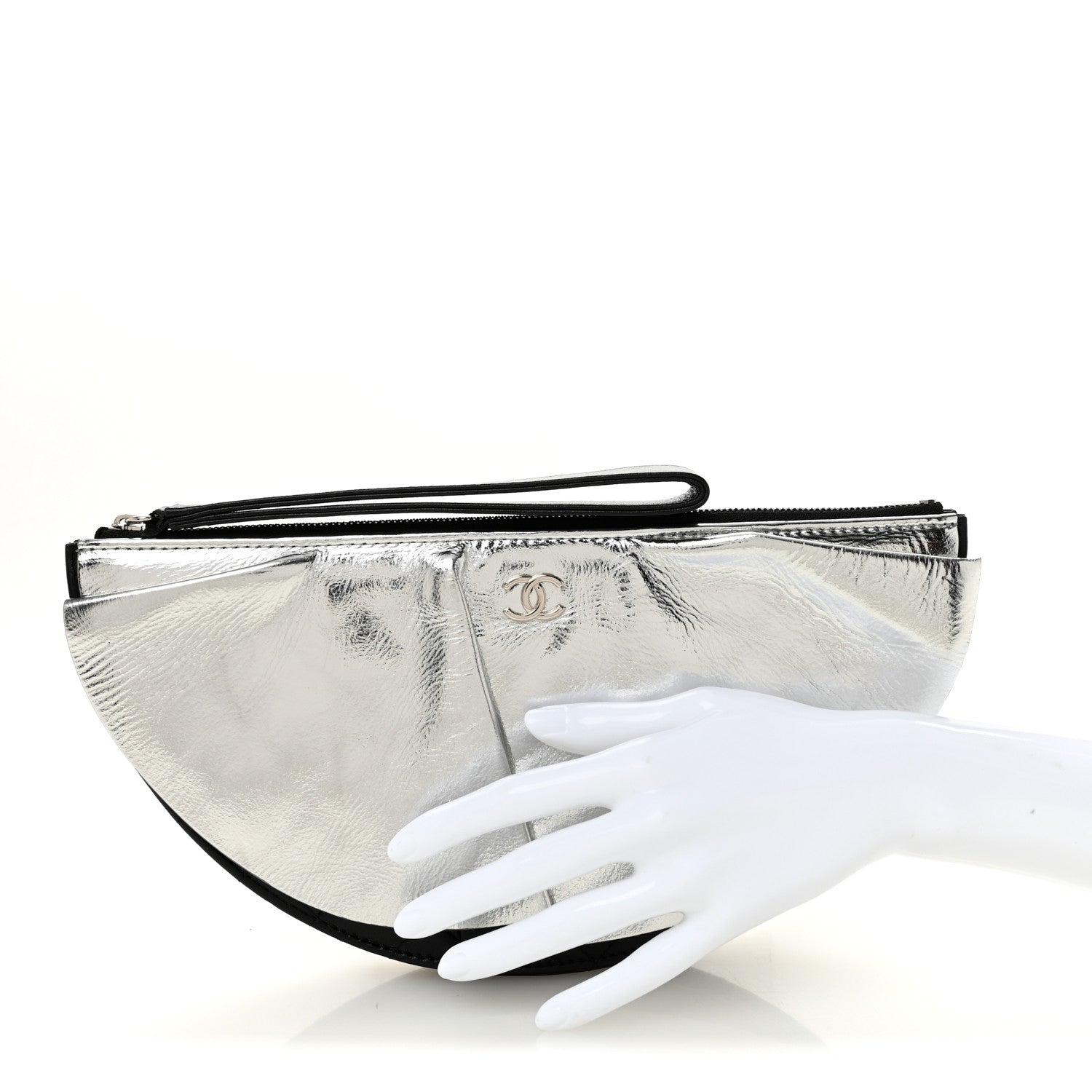 Metallic Lambskin Wave Clutch Black Silver