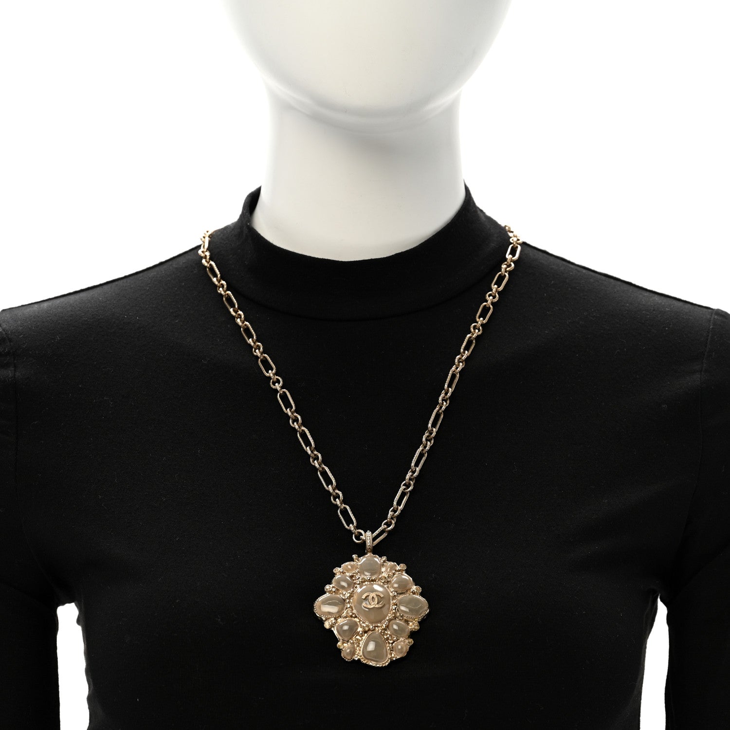 Gripoix Poured Glass CC Pendant Necklace Gold Grey
