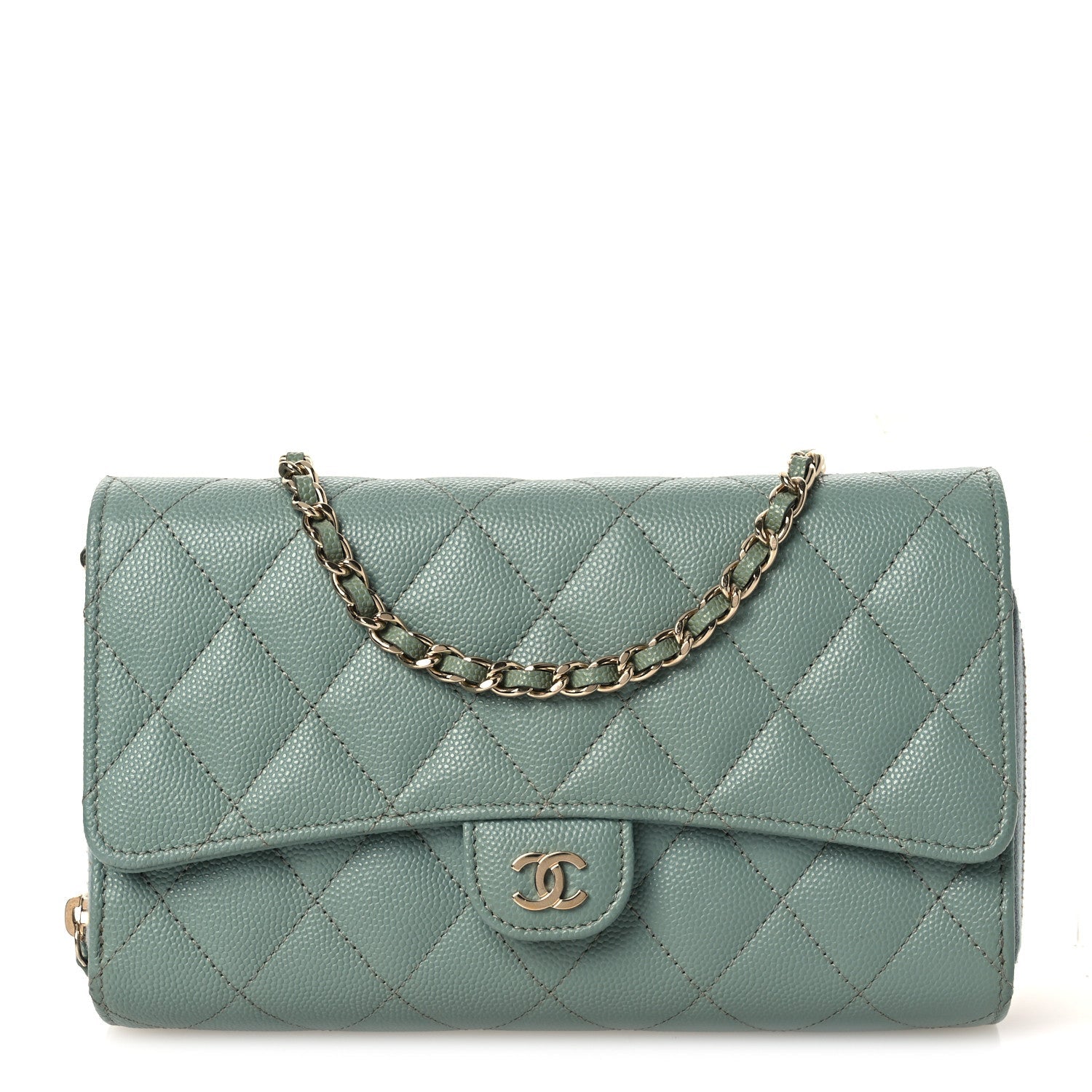 Caviar Quilted Phone Holder Wallet on Removable Chain Light Blue