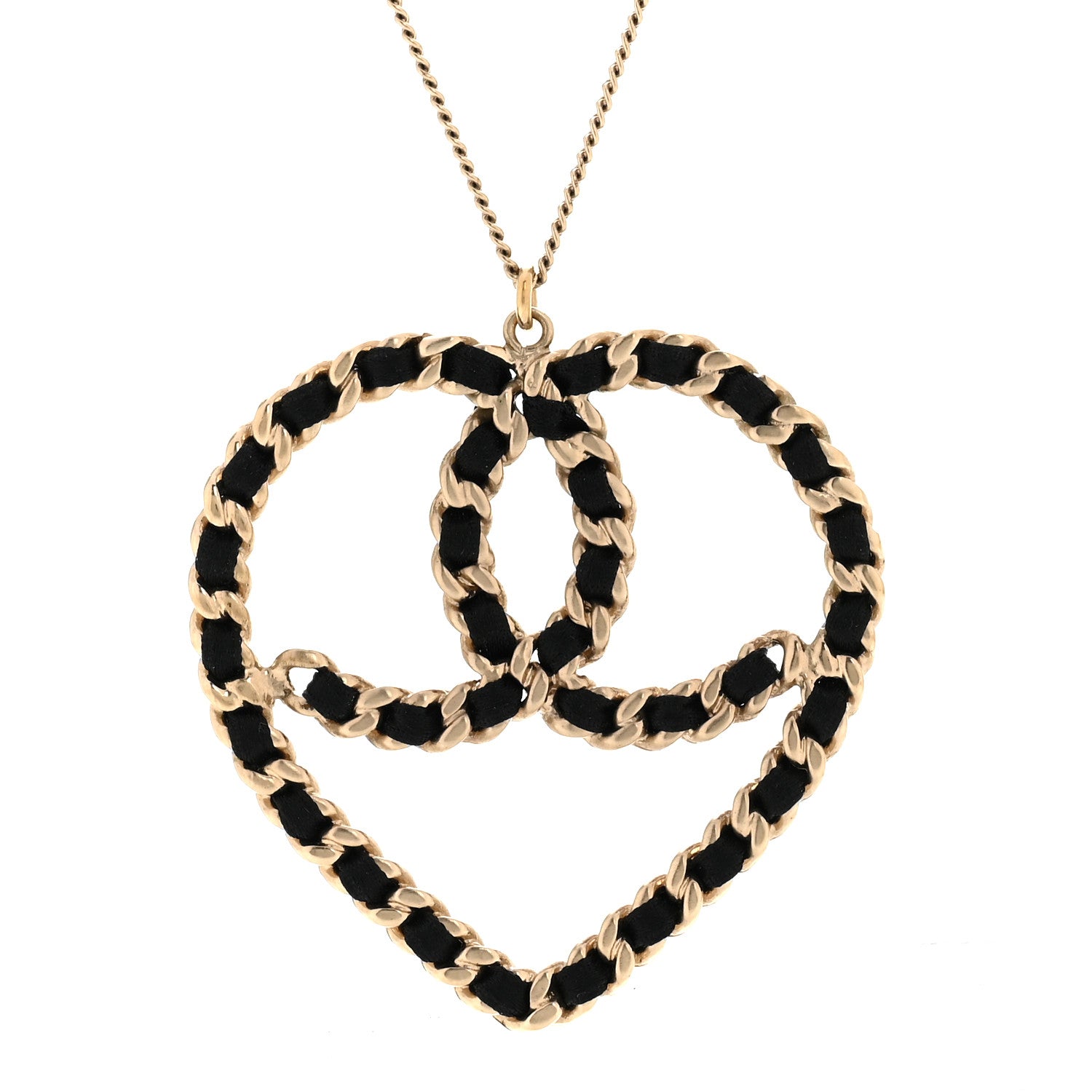 Satin CC Heart Chain Necklace Black Light Gold