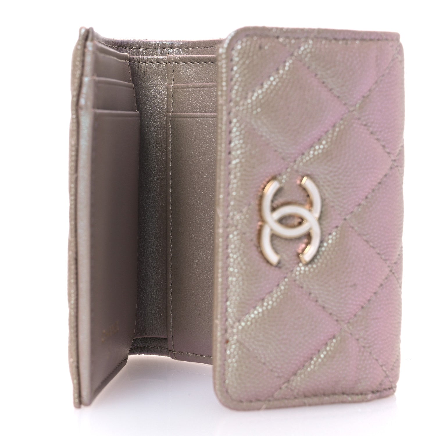 Iridescent Caviar Quilted Small Flap Wallet Beige