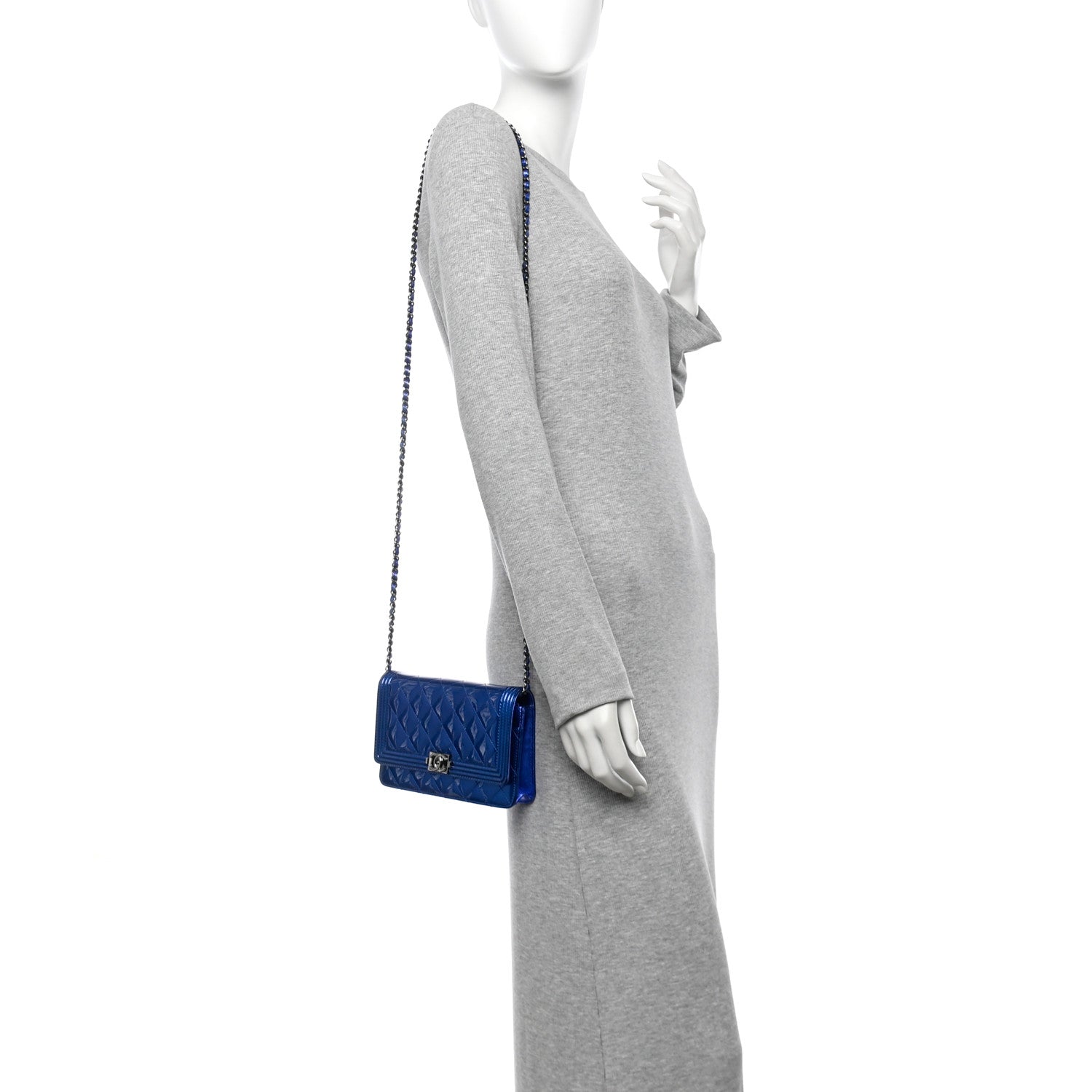 Metallic Patent Calfskin Quilted Boy Wallet on Chain WOC Blue