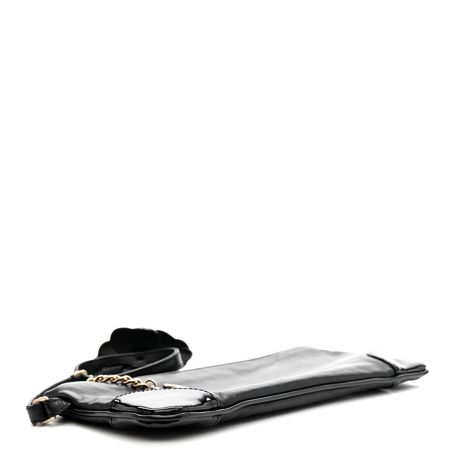 Lambskin Patent Camellia Wristlet Black