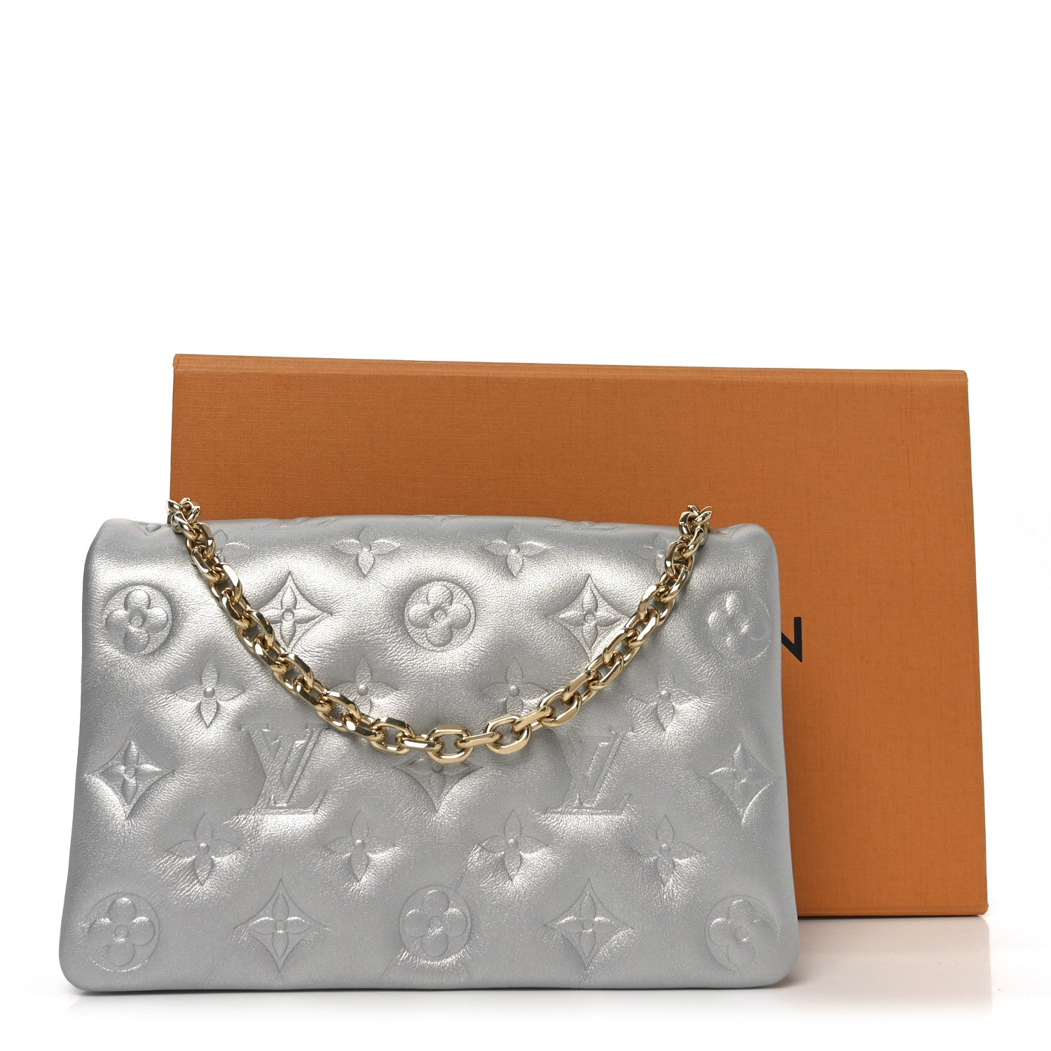 Metallic Lambskin Embossed Monogram Pochette Coussin Silver