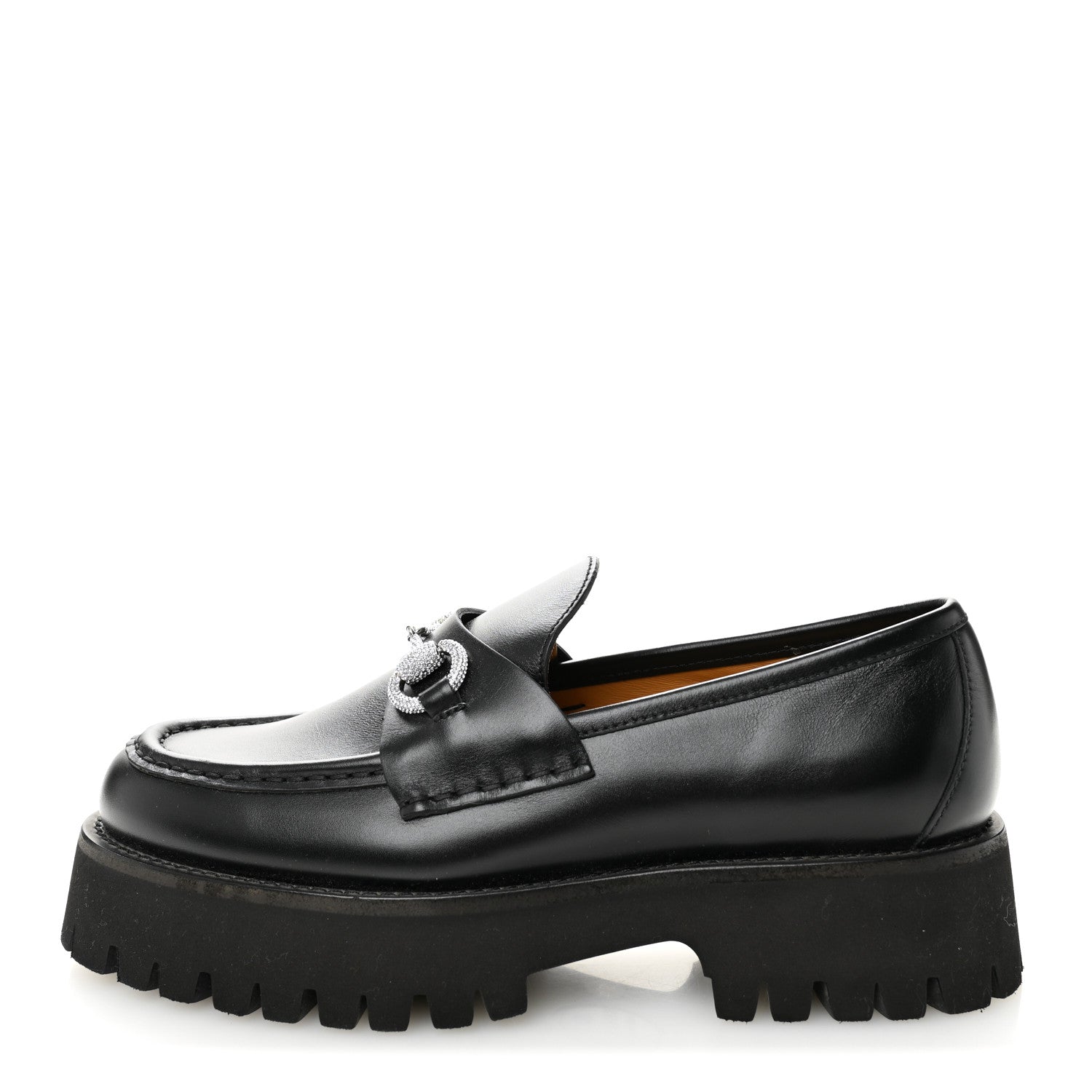 Calfskin Crystal Womens Horsebit Platform Lug Sole Loafers 37.5 Black