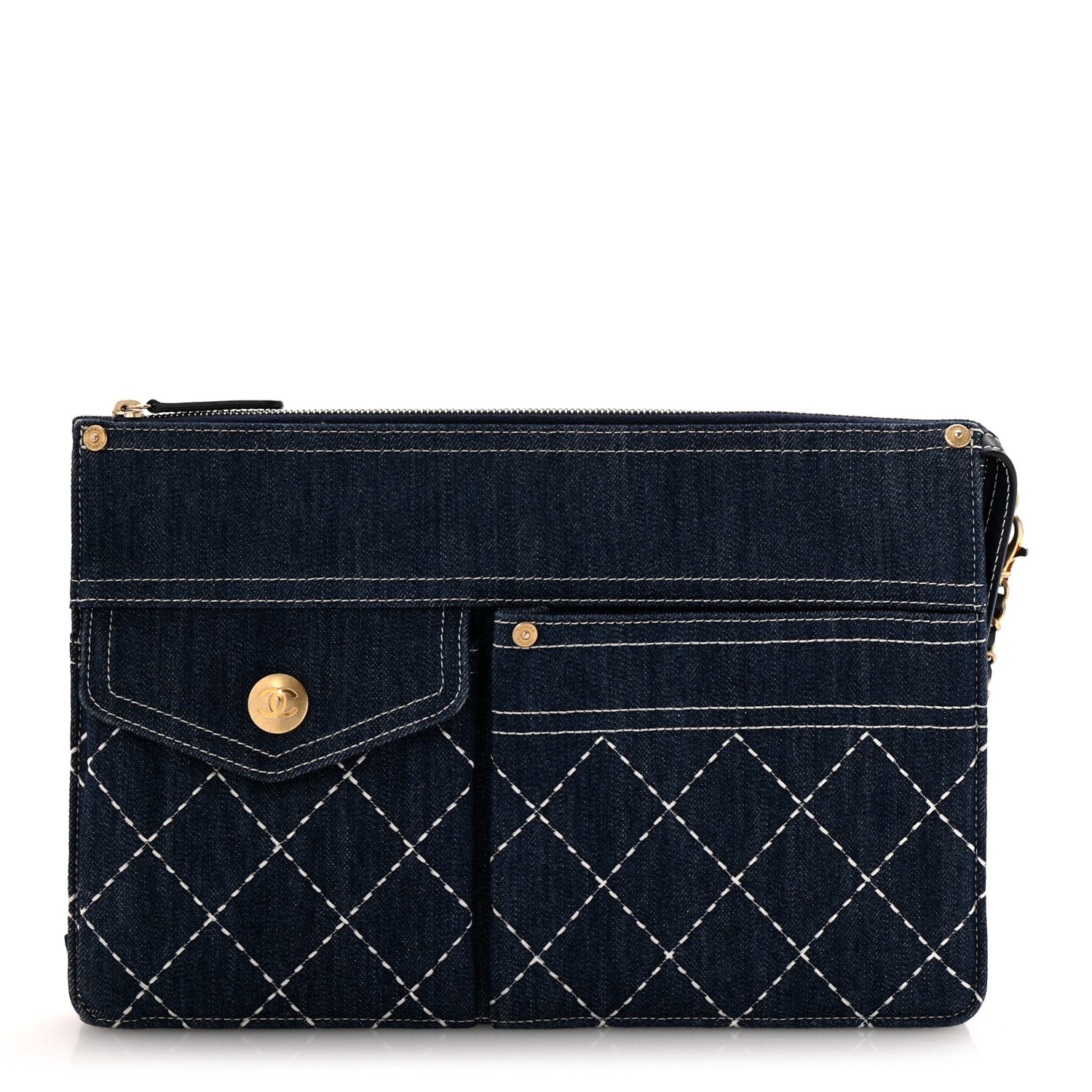 Denim Quilted Zipped Pouch Blue