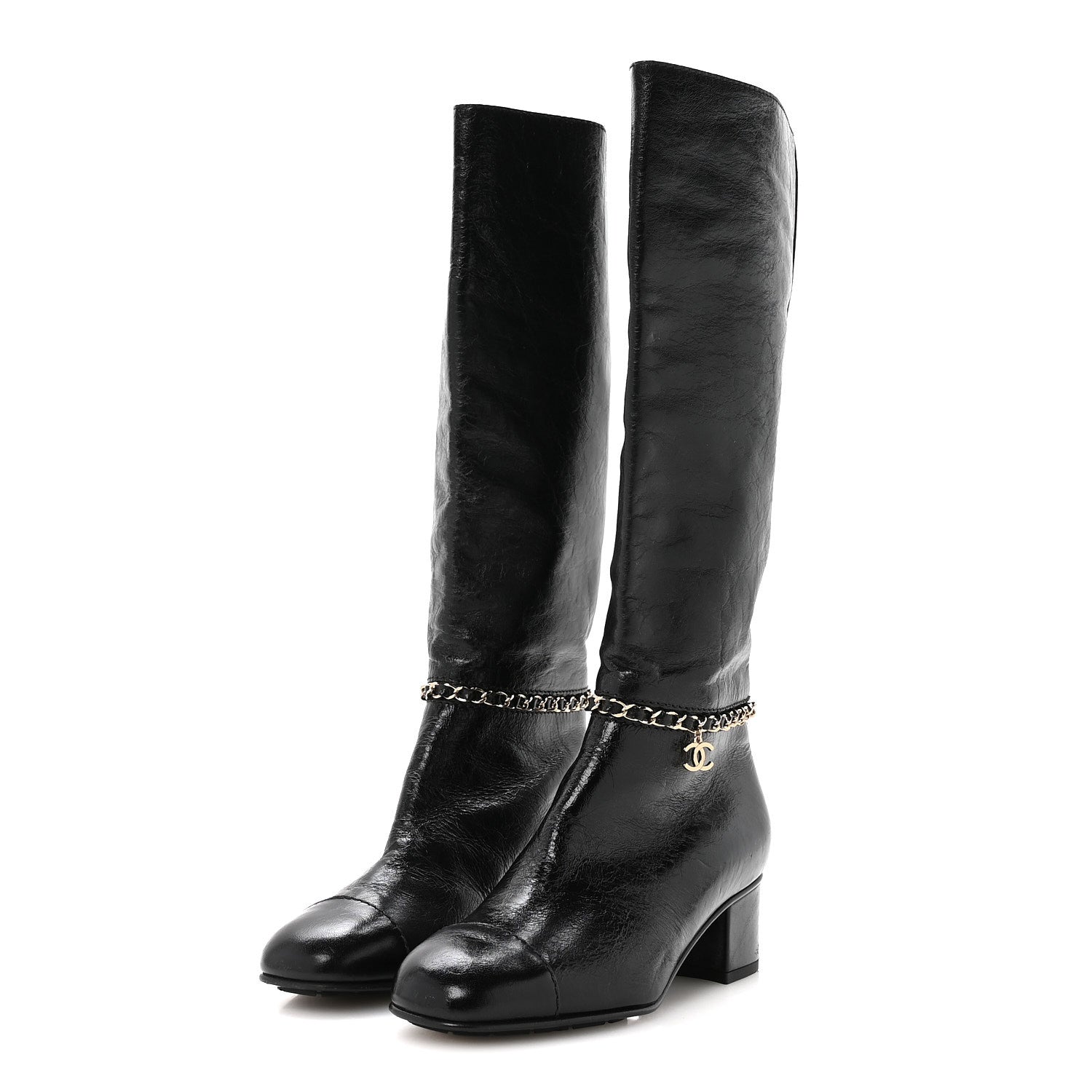 Crumpled Calfskin Cap Toe Chain Boots 36 Black