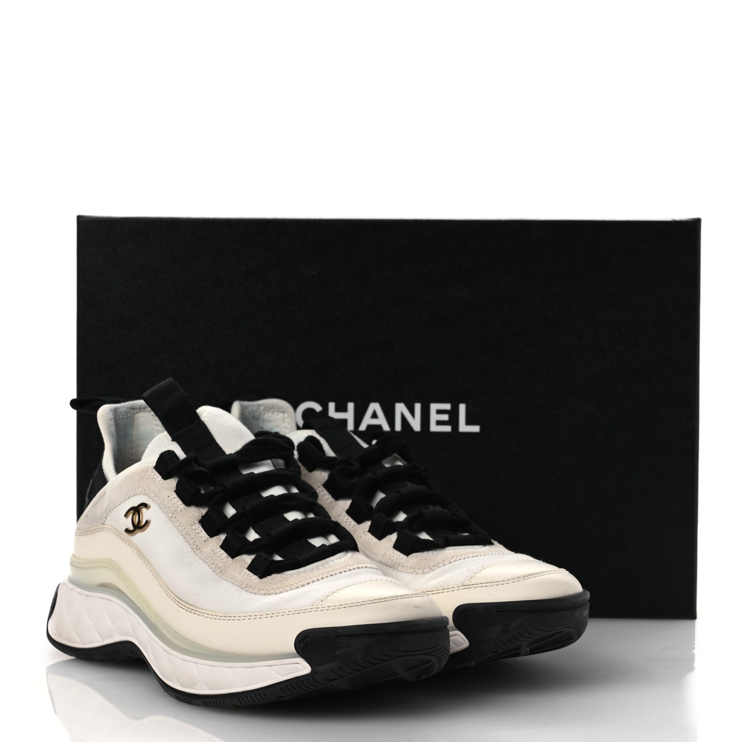 Velvet Calfskin Mixed Fibers CC Sneakers 36 Ivory Black