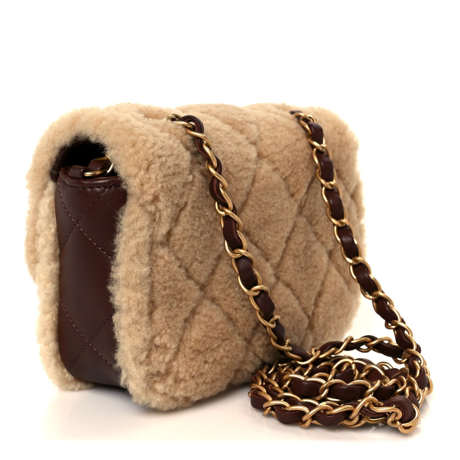 Shearling Lambskin Quilted Mini Furry Coco Flap Beige Dark Brown