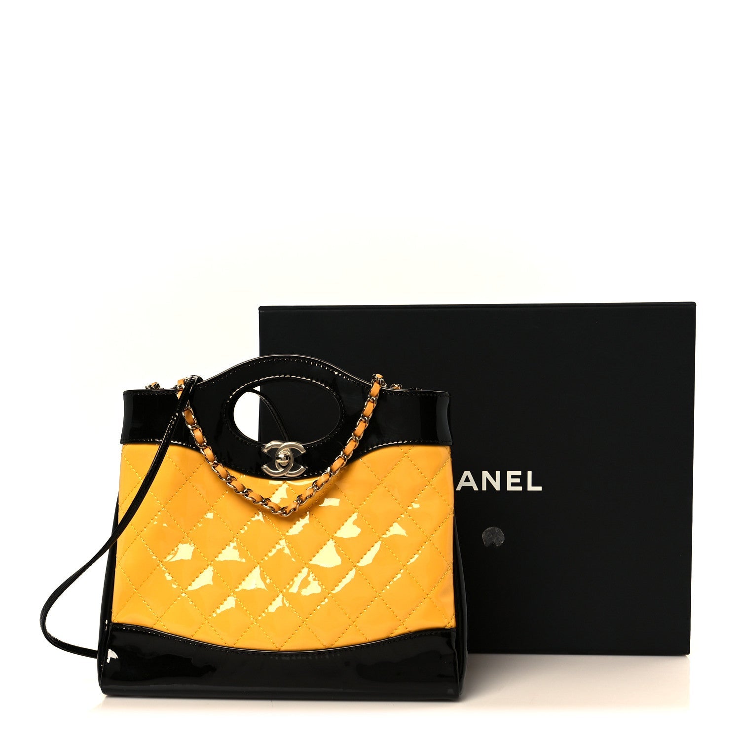 Patent Calfskin Quilted Mini 31 Shopping Bag Yellow Black