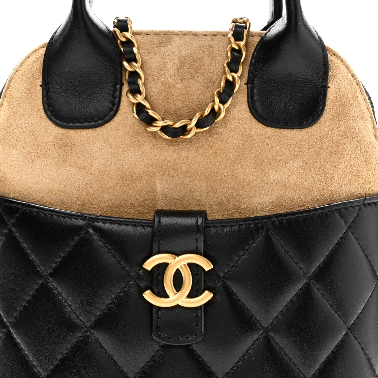 Suede Shiny Lambskin Quilted Top Handle Clutch With Chain Black Beige