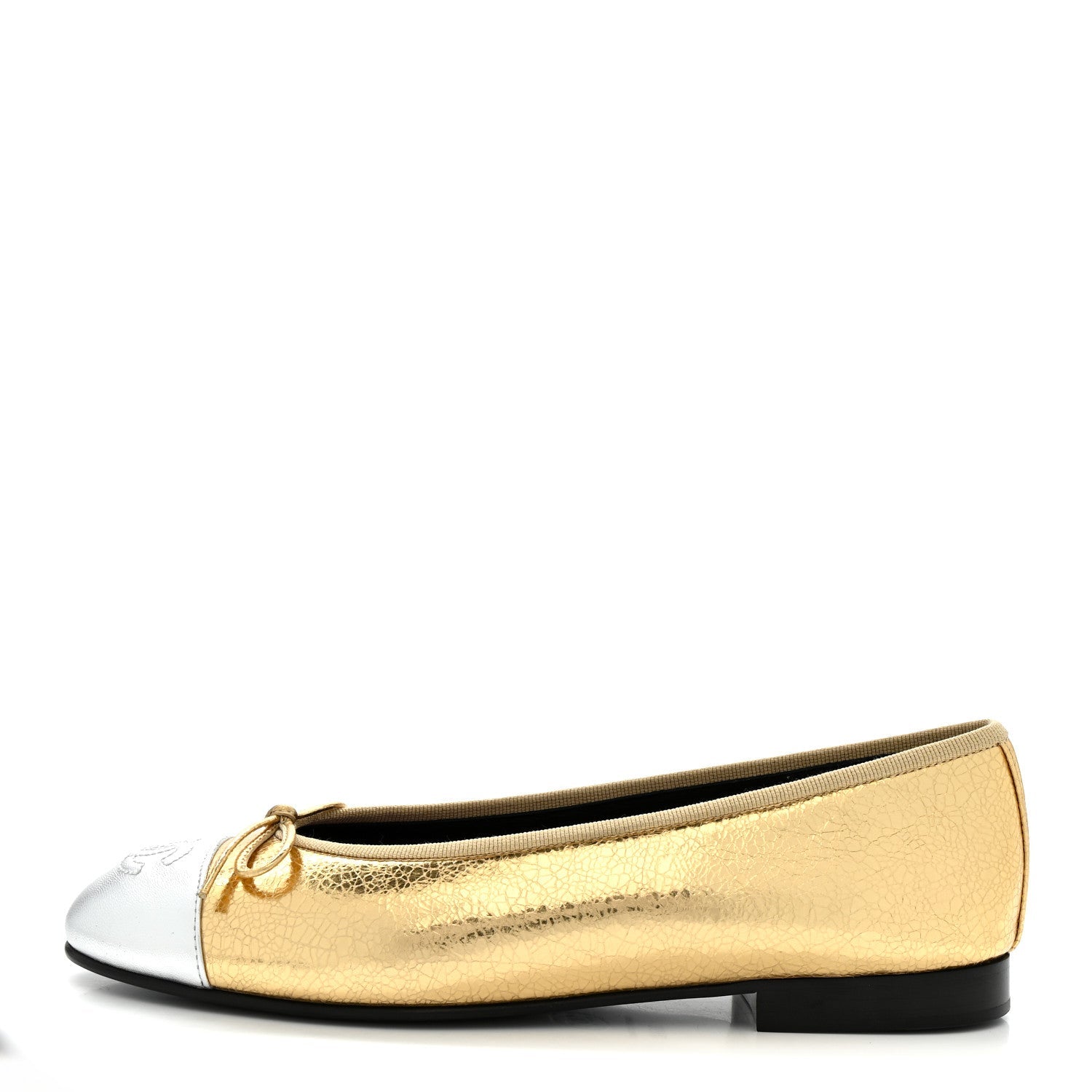 Crackled Laminated Calfskin CC Cap Toe Ballerina Flats 36.5 Gold Silver
