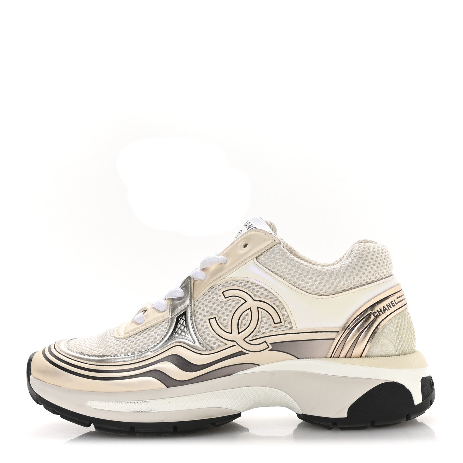 Fabric Laminated Calfskin Stretch CC Sneakers 37 Ivory White Silver