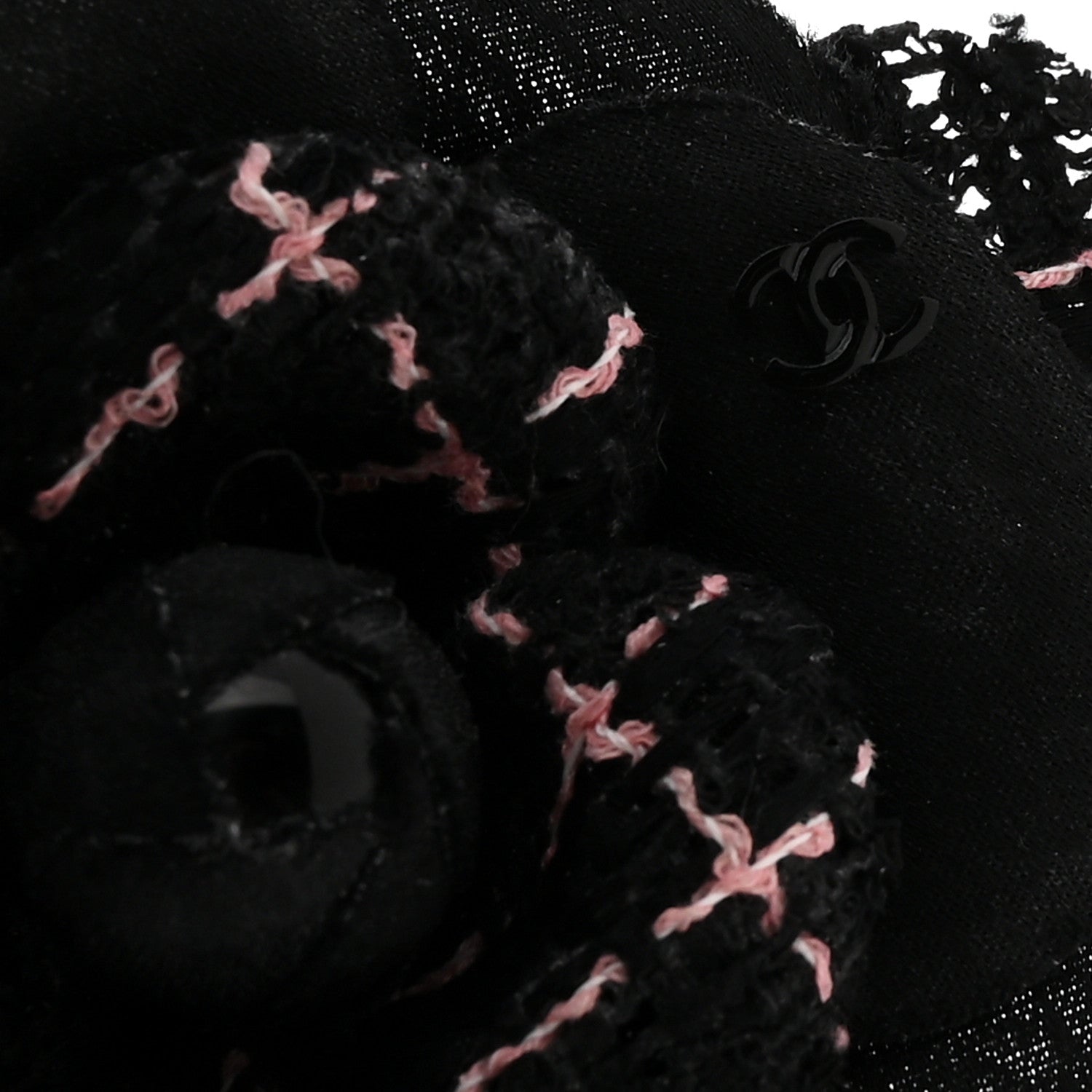Tweed Camellia Pin Brooch Black Pink
