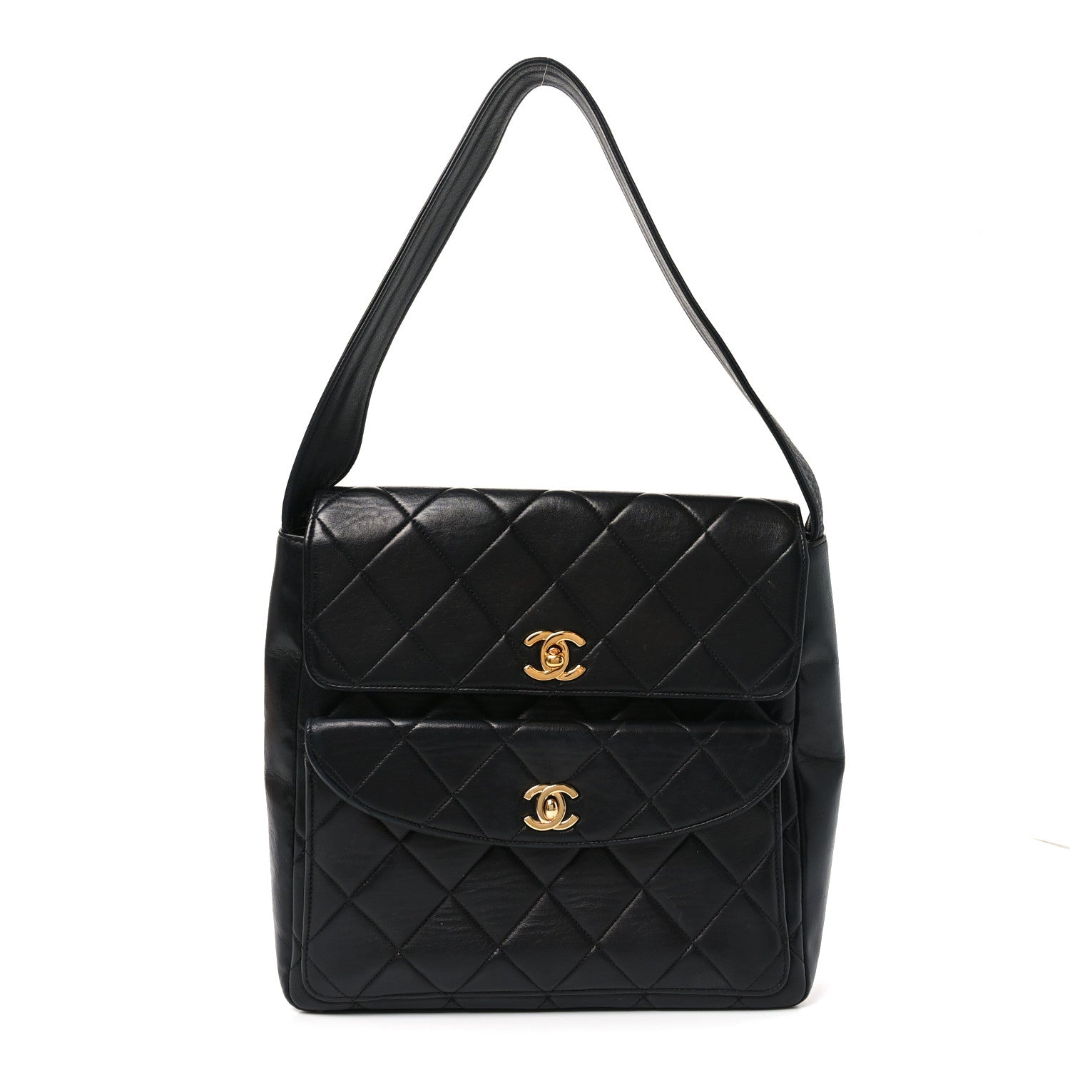 Lambskin Quilted Double Pocket Shoulder Bag Black