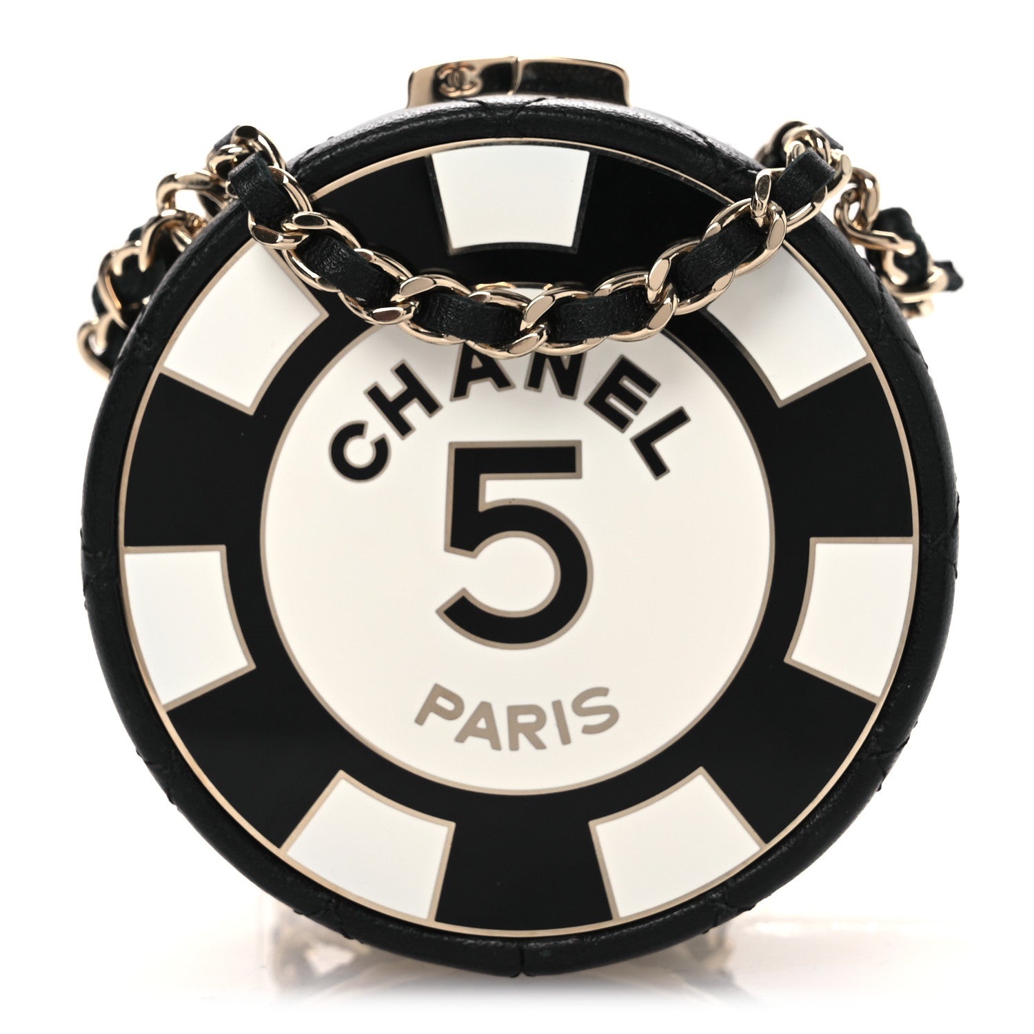 Lambskin Enamel Quilted Round Poker Chip Clutch With Chain Black White
