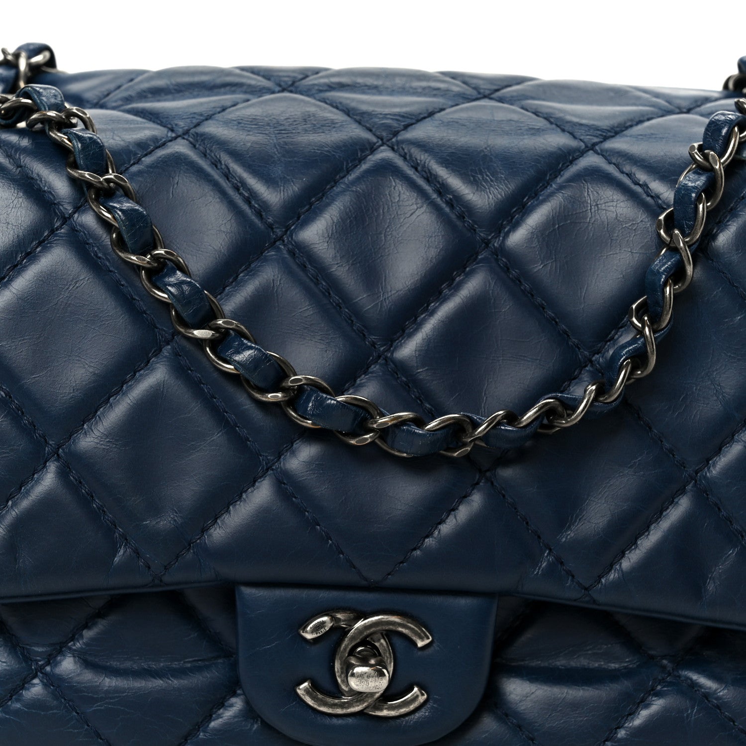 Glazed Calfskin Quilted Medium Coco Soft Flap Navy