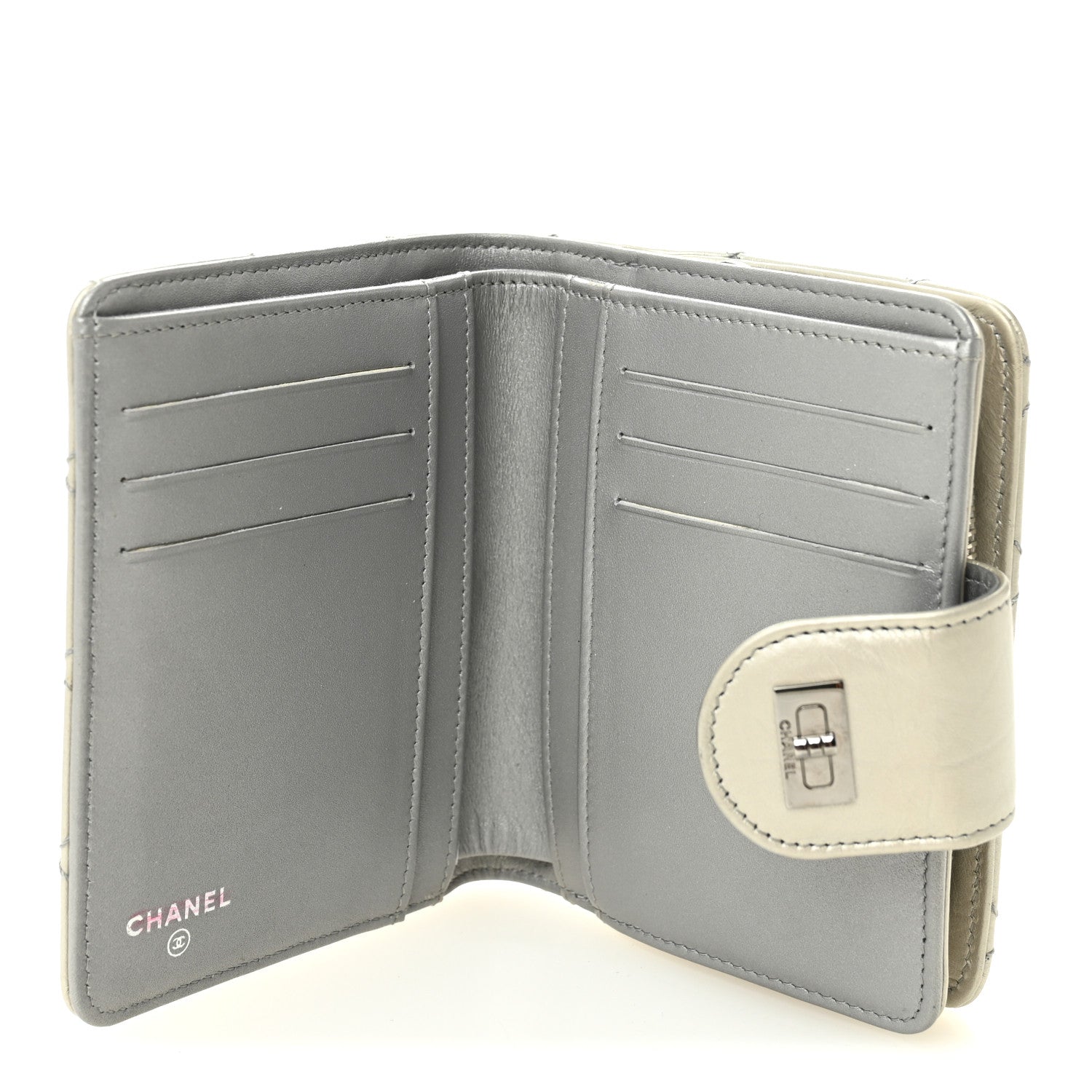 Metallic Aged Calfskin Stitched Reissue Compact Wallet  Silver